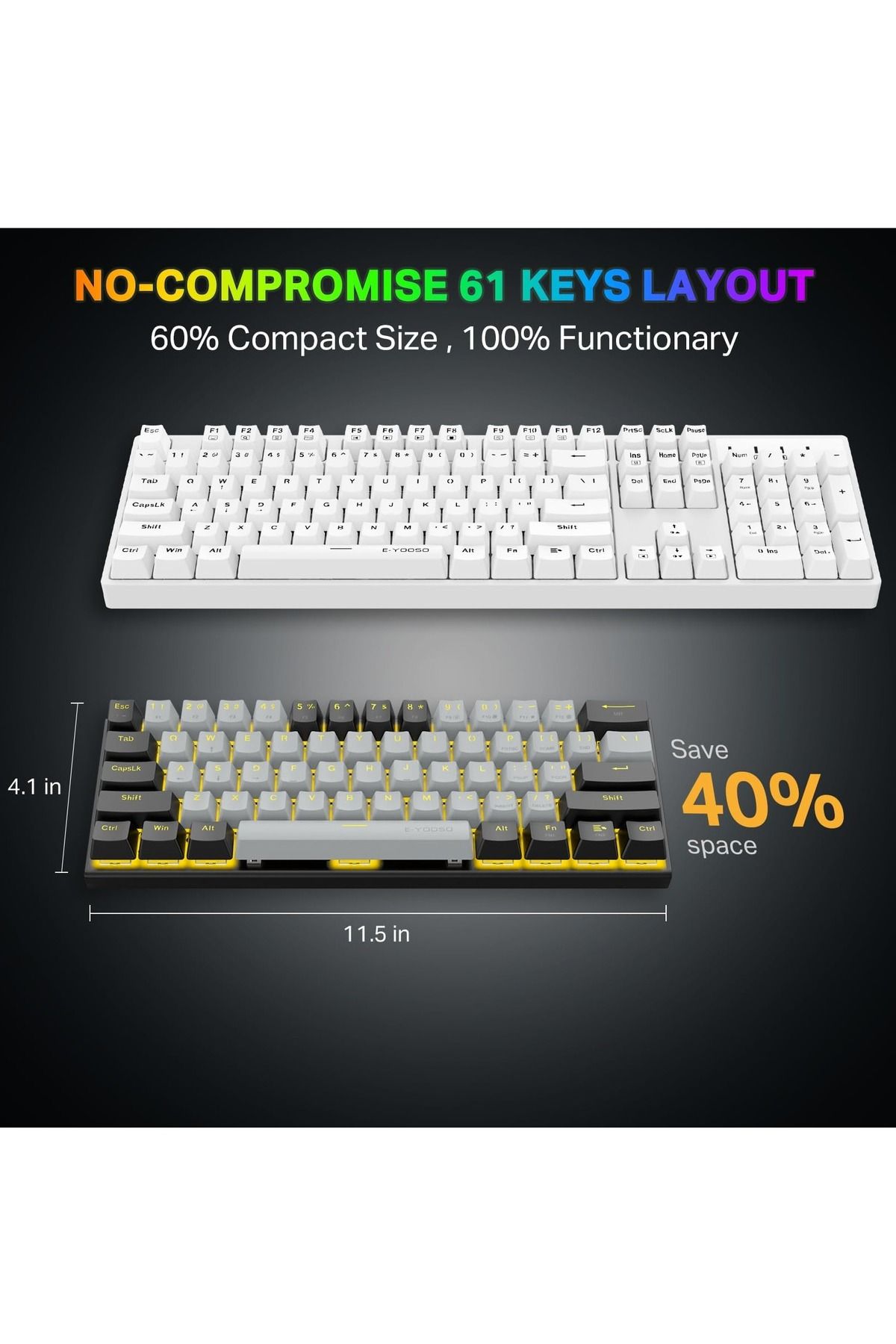 e-yooso-Z-11 60% Mechanical Gaming Keyboard,Red Switch 61 Keys Wired Compact Keyboard 6