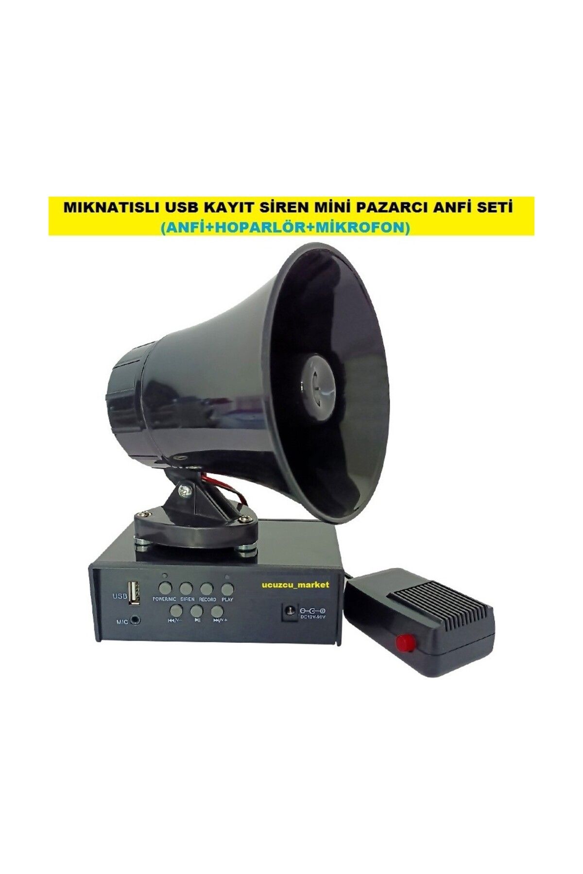 Uygun Mıknatıslı USB Kayıt Siren Mini Pazarcı Anfi Seti (Anfi+Hoparlör+Mikrofon)