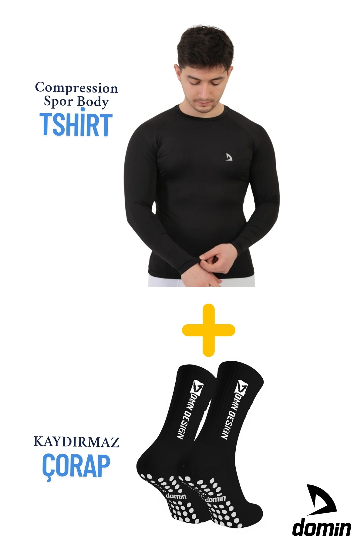 DOMİN SPOR-Men's Black Long Sleeve Compression Fitness Gym Body Tshirt and Sports Socks 2
