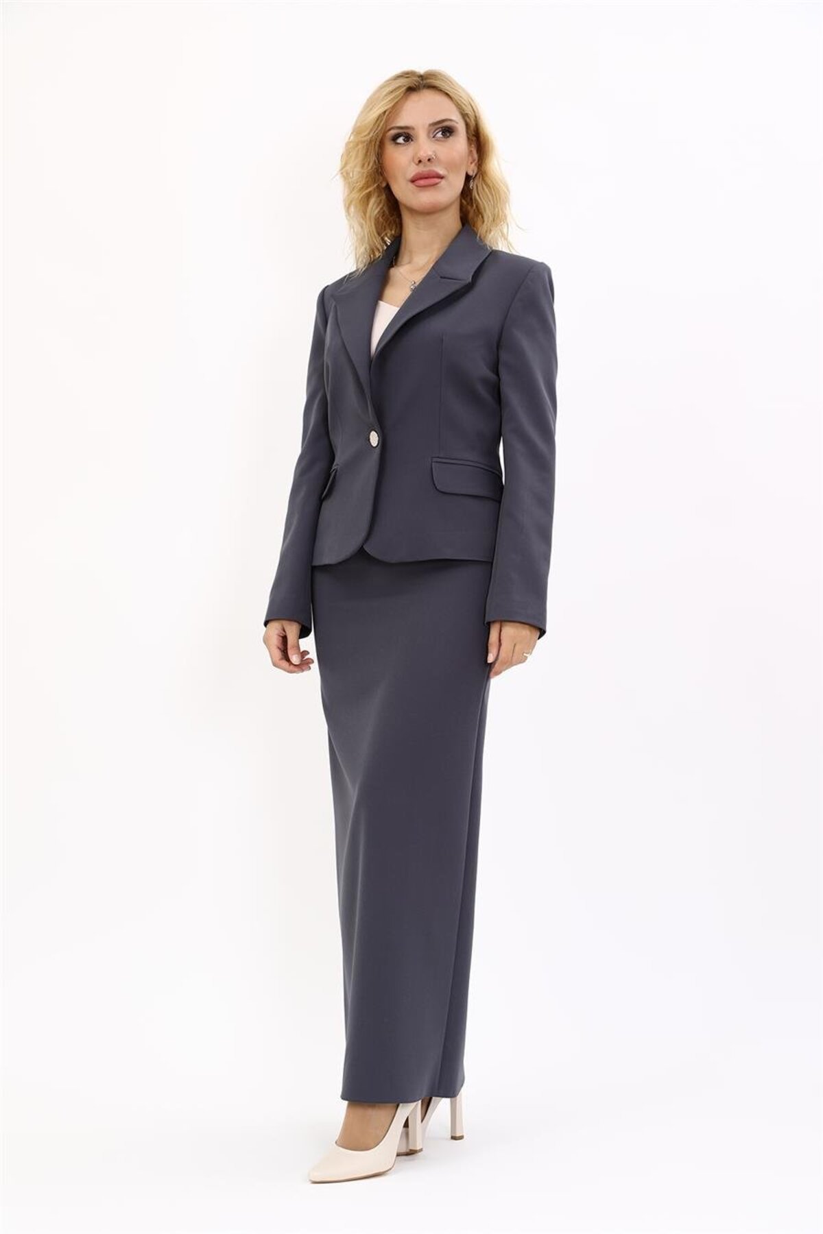 Collared One-Button Jacket & Long Pencil Skirt Set-Smoked