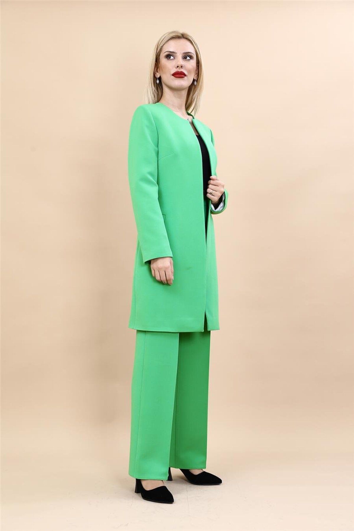 ÖNDER ÖZSOY-Plus Size - Solid Jacket & Wide Leg Pants Set-Green 5
