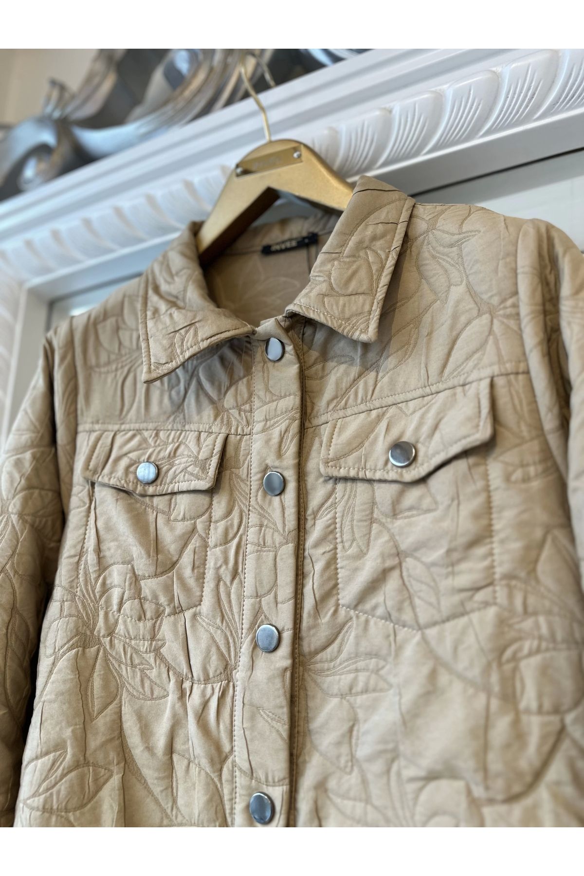 Invee-Invee 6827 Patterned Quilted Jacket - Camel 5