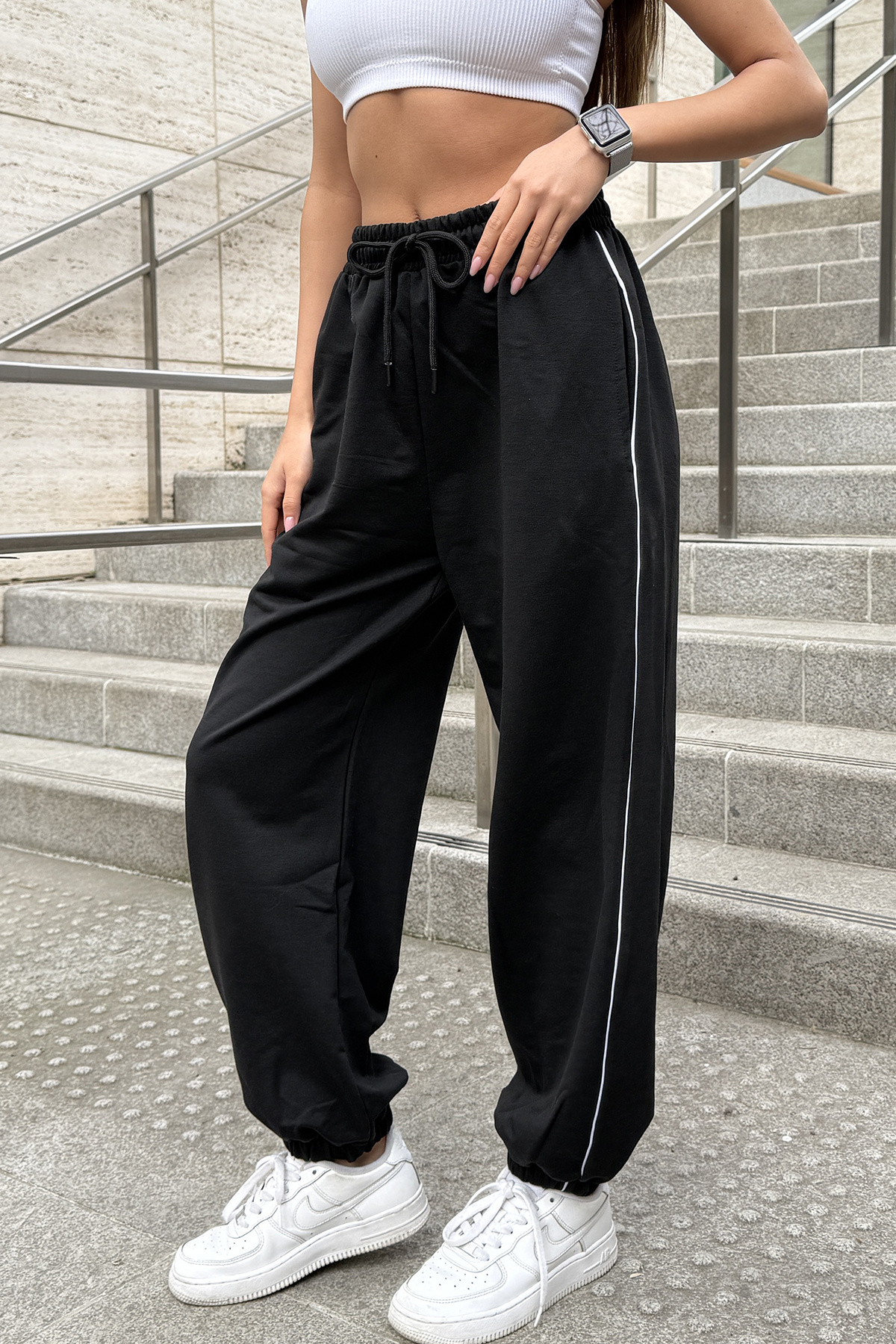 Sun Victoria  Kadın Siyah Oversize İki İplik Jogger Bol Eşofman Altı - Görsel 5