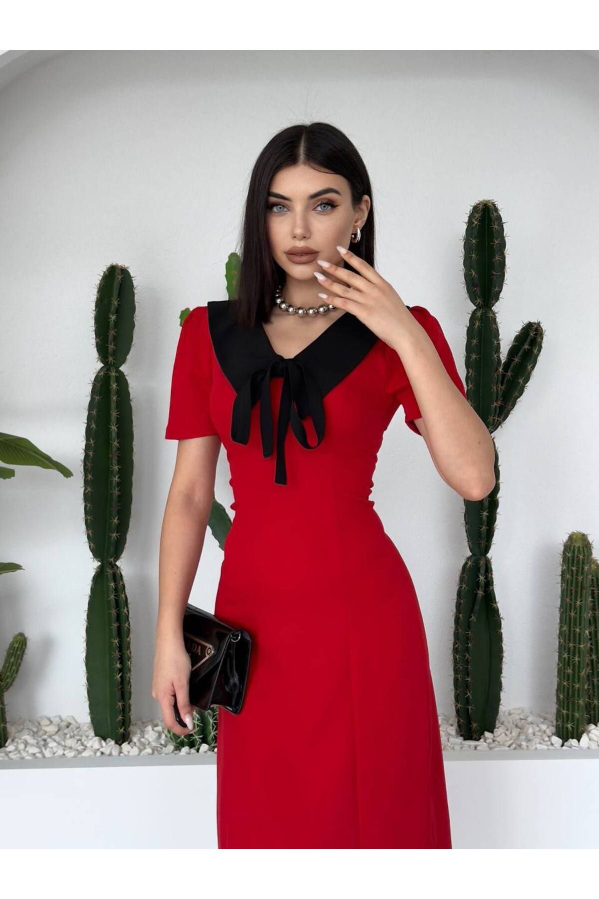 ETİKAFASHION-Short Sleeve Dress with Shirt Collar and Ribbon Detail 4