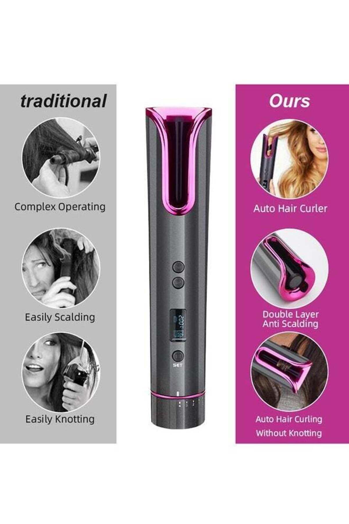 COOYA-Cordless Auto Hair Curler,with LCD Display,Adjustable 4 Temperature,6 Timer Modes,Rechargeable 6