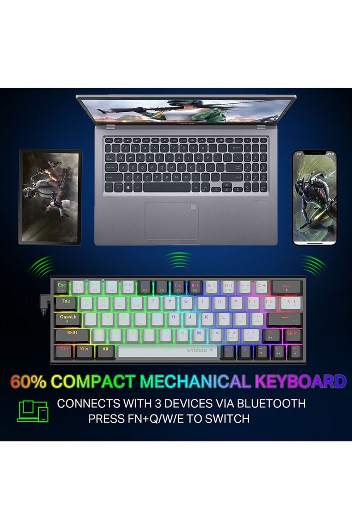 e-yooso-Z-11 3 Modes Wireless Mechanical Keyboard, Red Switch Bluetooth/2.4G/USB-C 60% Portable 3