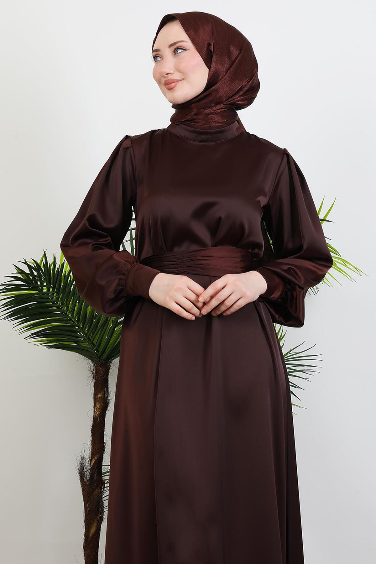 giz astore-Belted Satin Dress Bitter Brown 5