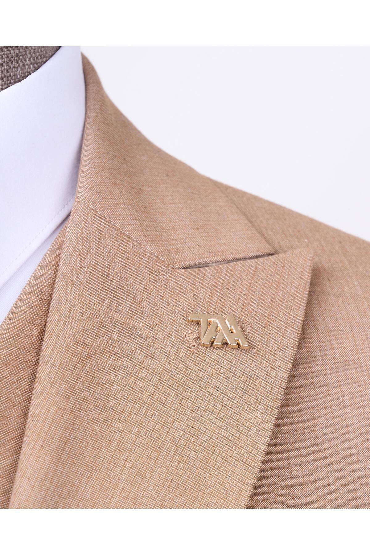 TerziAdemAltun İtalyan stil ceket yelek pantolon takım elbise camel T12820 görsel 4