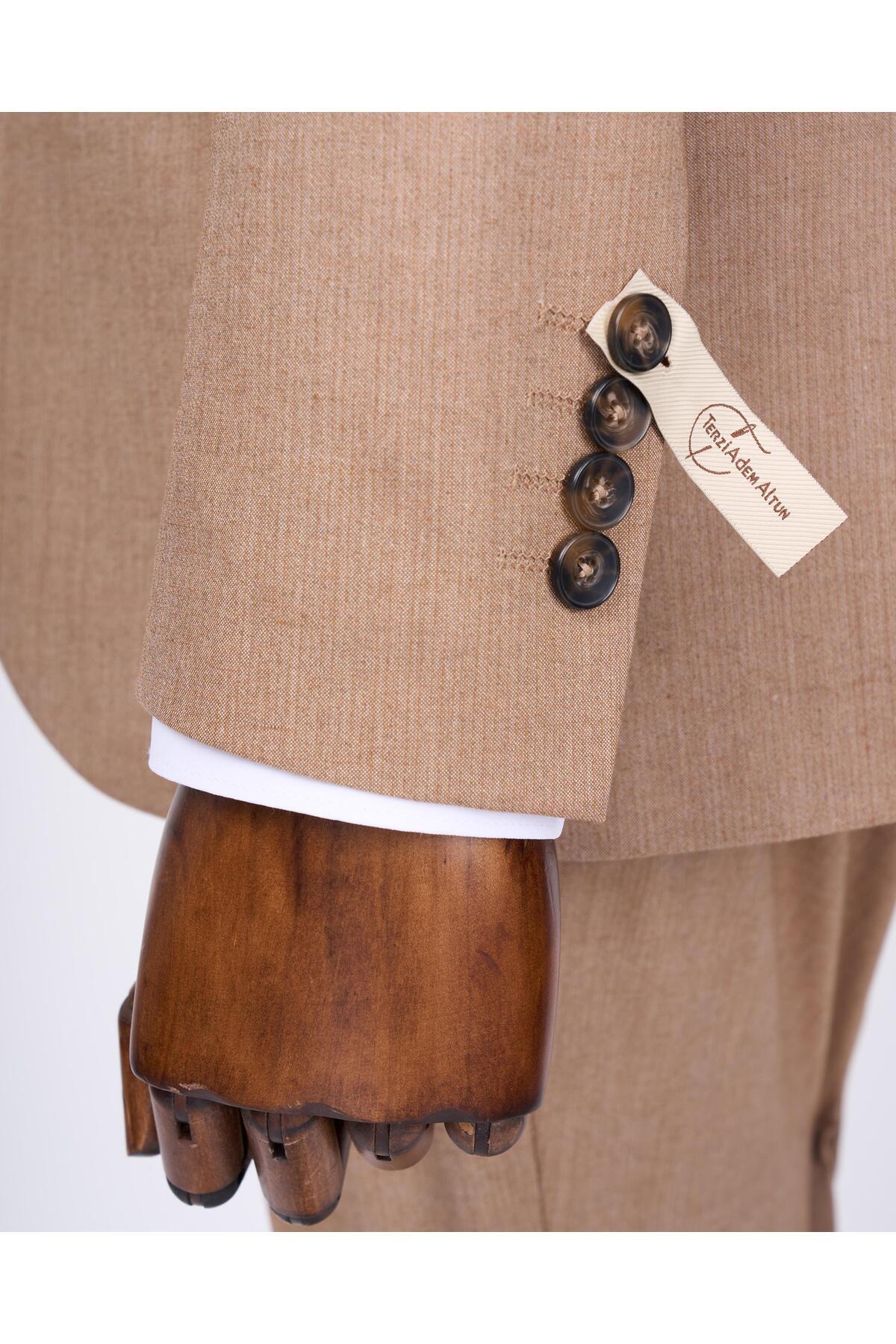 TerziAdemAltun İtalyan stil ceket yelek pantolon takım elbise camel T12820 görsel 6