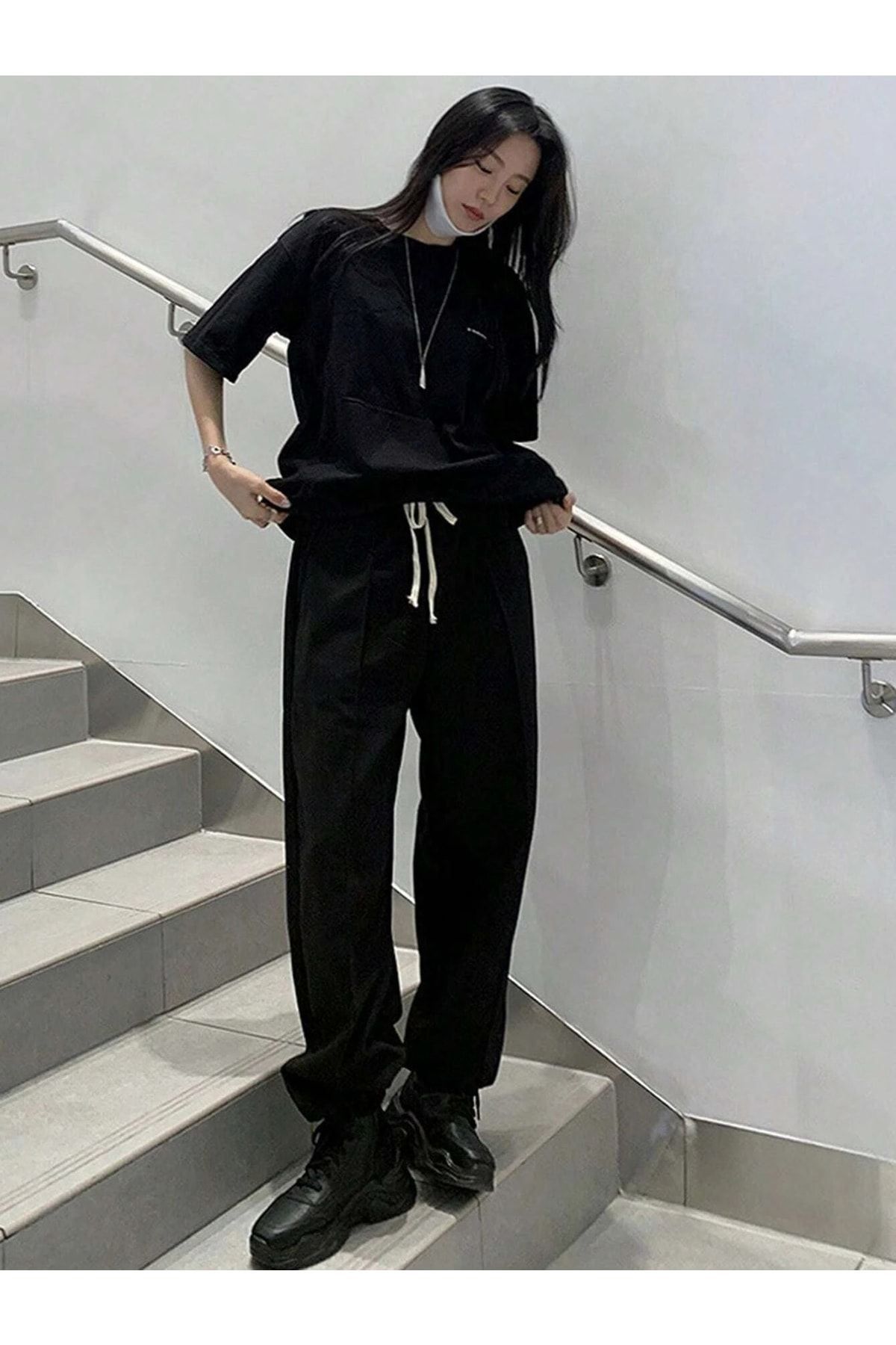 VBSVİBES-Unisex černé oversize N' Oublie tištěné pletené tričko 5