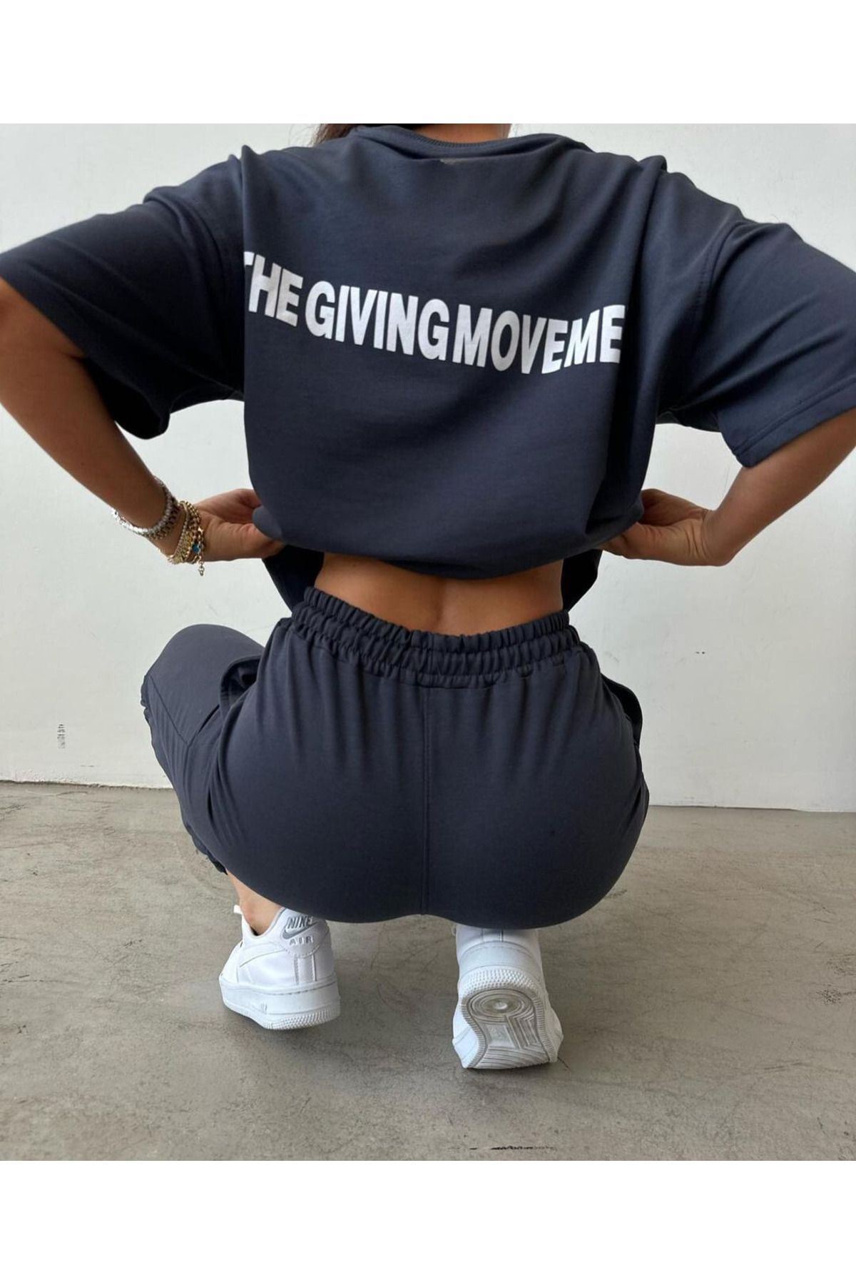Movement T-shirt Eşofman Altı Jogger- Mavi Baskılı Alt Üst Eşofman Takım Oversize Bisiklet Yaka — خاکستری GİVİNG-MOVMENT-CLYS