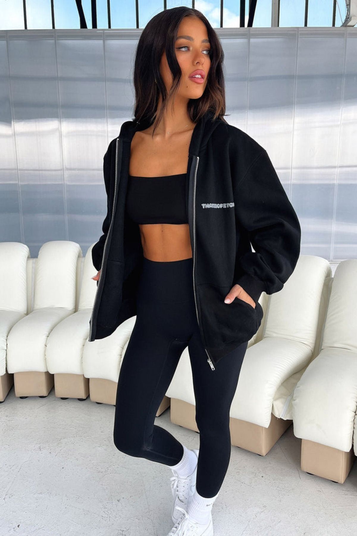 DUBU BUTİK-Thatsofetch Minimal Patterned Black Oversize Cardigan - Hooded 3