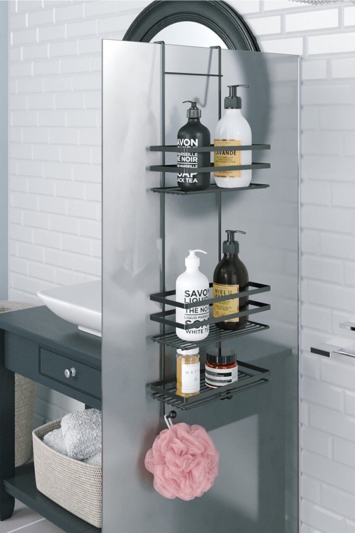 Banyo Düzenleyici Şampuanlık Üç Katlı Duşakabine Asmalı Duş Rafı Mat Siyah Lm580