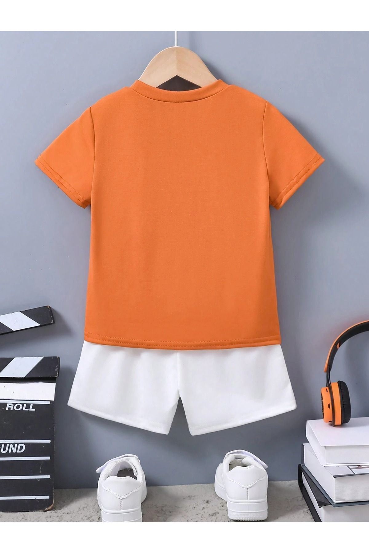 CLAYES Ideal Baskılı Pamuklu Çocuk Beyaz Şort Turuncu T-shirt Takım - Kız Erkek Çocuk Yazlık Bisiklet Yaka fotoğrafı 2 (önizleme)