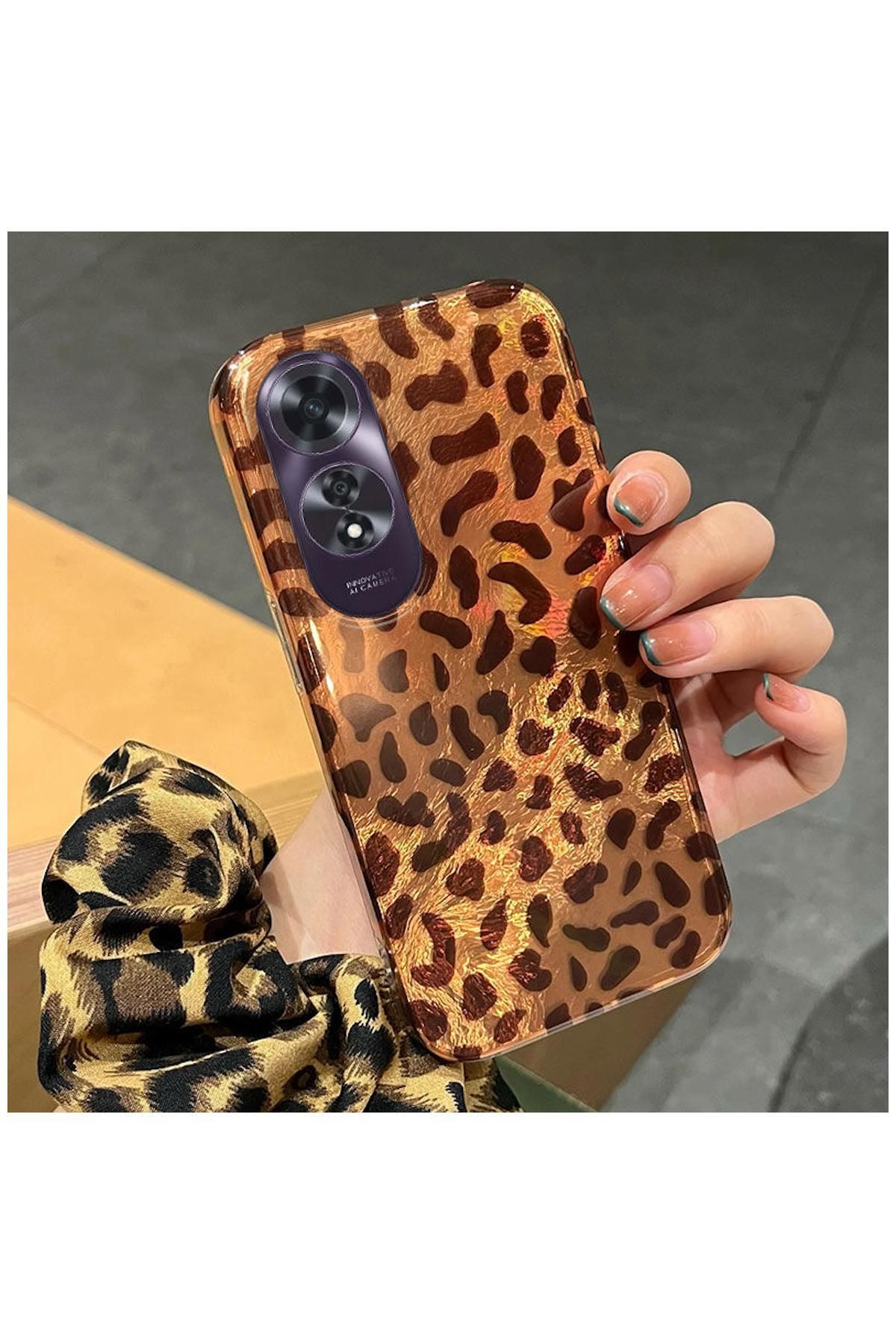 Pro Aksesuar Oppo A60 Uyumlu Kılıf Lüx Leopar Desenli Silikon Kılıf Desert Titanyum