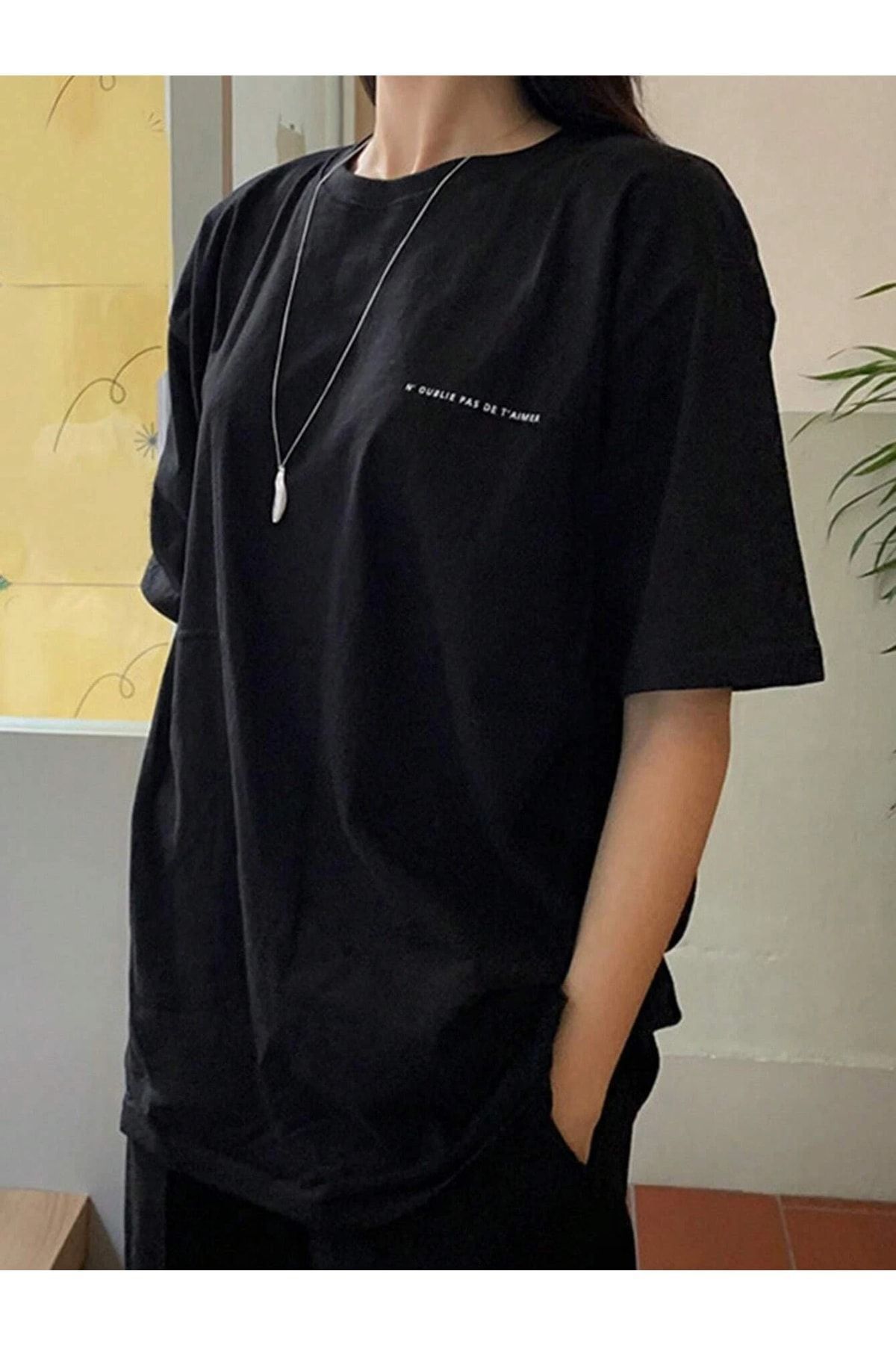 VBSVİBES-Unisex černé oversize N' Oublie tištěné pletené tričko 4