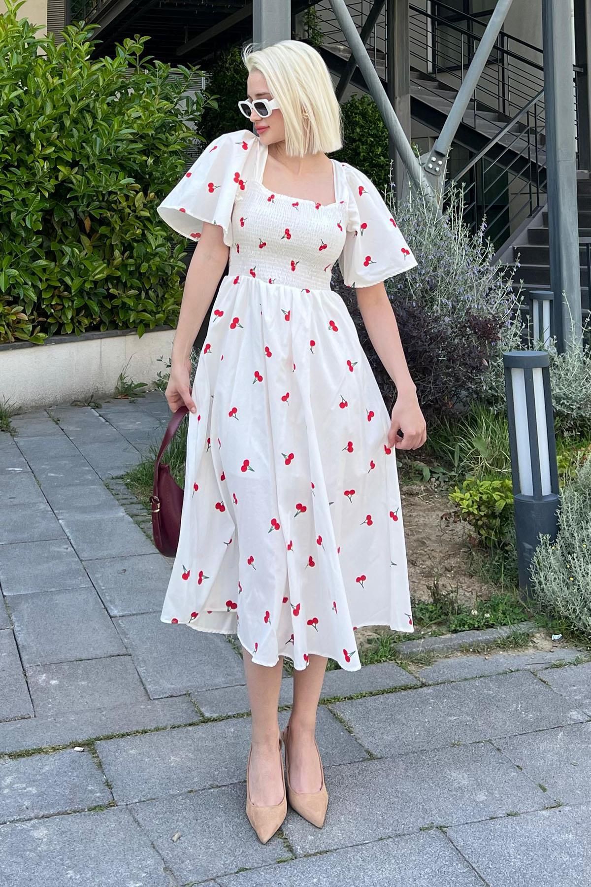 Madmext-White Patterned Midi Dress with Elastic Waist - Mg2101 4