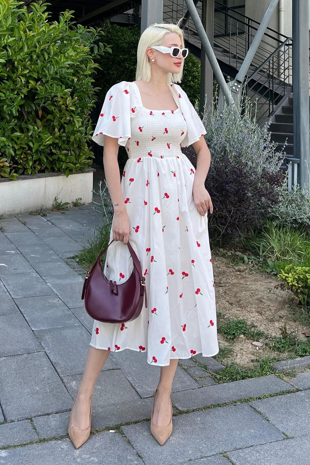 Madmext-White Patterned Midi Dress with Elastic Waist - Mg2101 7