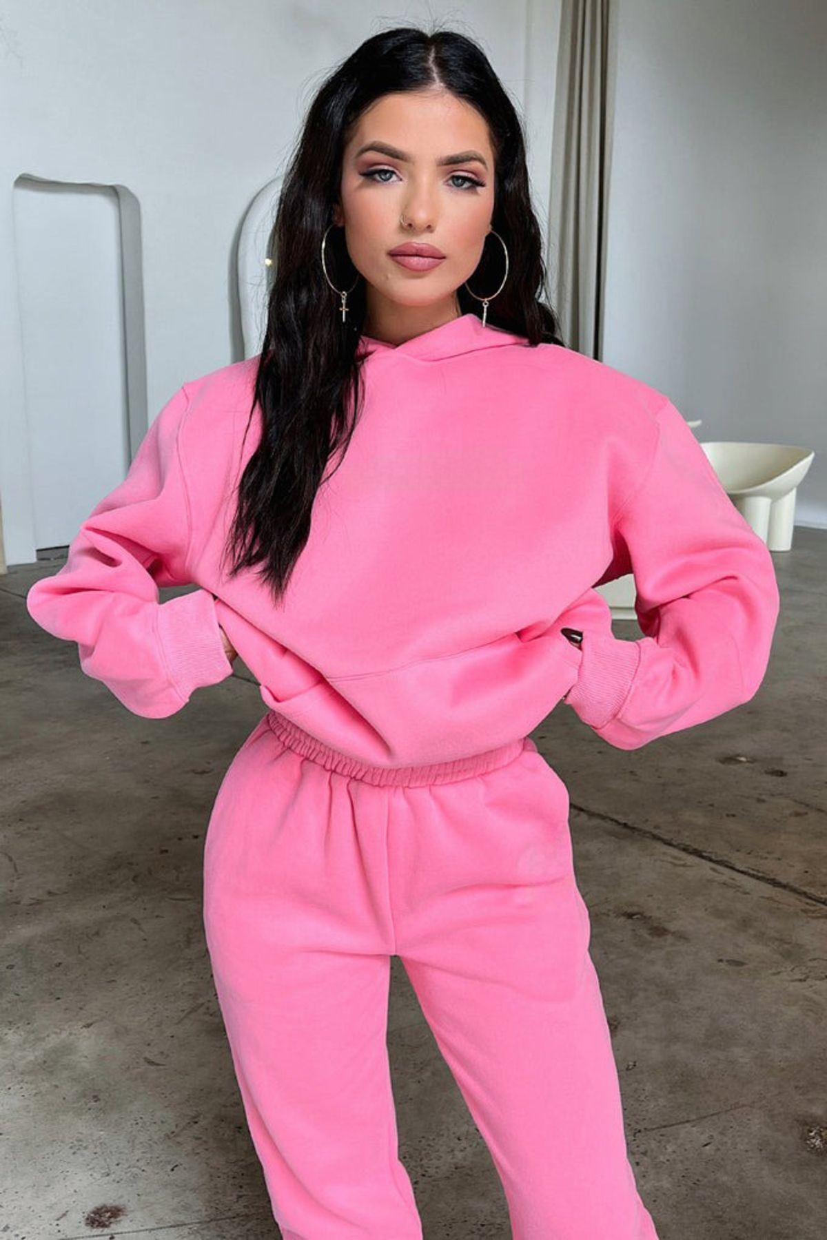 Basic Düz Eşofman Takımı Sweatshirt Jogger - Pembe Oversize Şardonlu Kapüşonlu — صورتی BSCTAKMDUZ-CLYS — تصویر 2 از 8