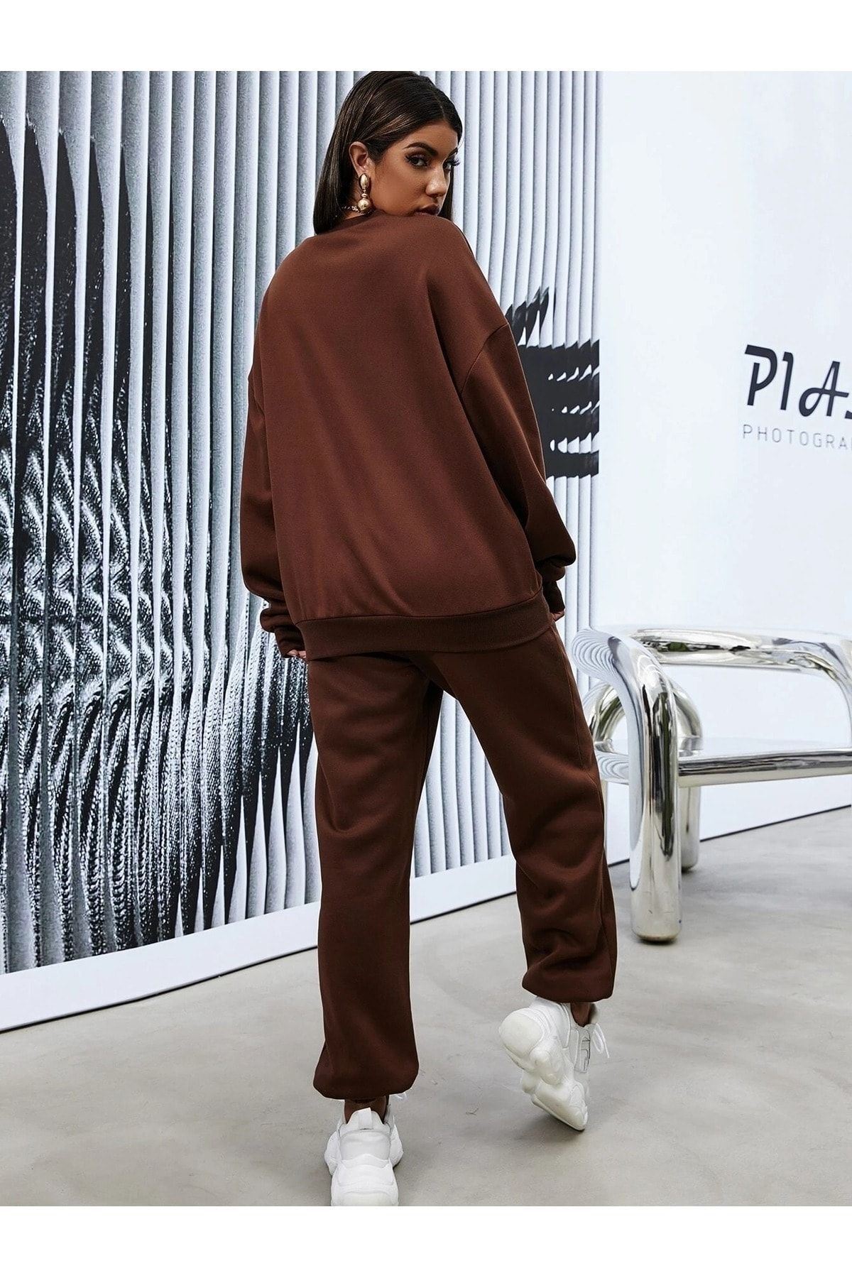 CLAYES-Σετ φόρμας Los Angeles Sweatshirt Jogger - Καφέ στάμπα Oversize Crew Neck 3