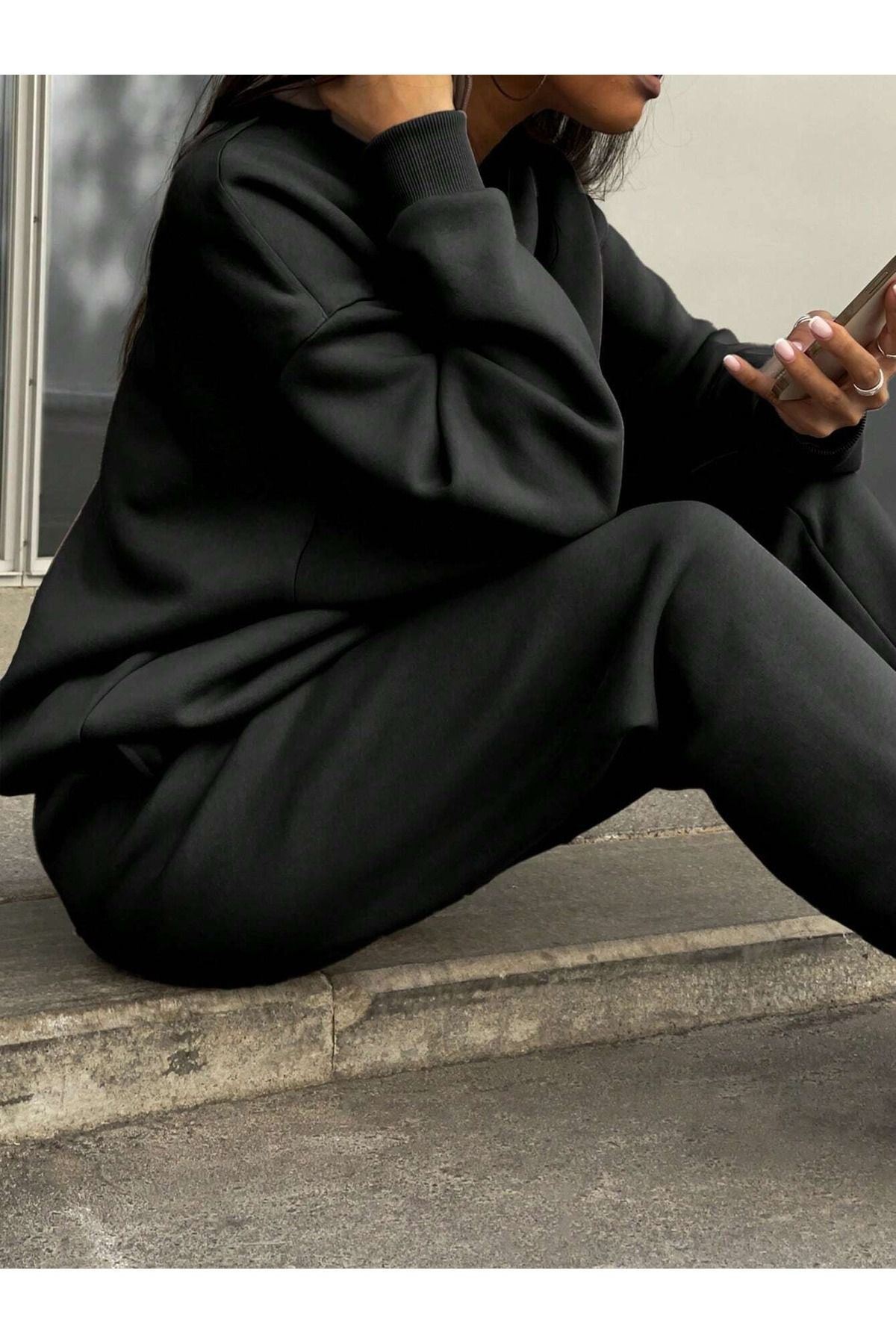 Basic Düz Fermuarlı Eşofman Takımı Sweatshirt Jogger - Siyah Oversize Şardonlu Dik Yaka — مشکی BCDFTKM-CLYS — تصویر 2 از 6