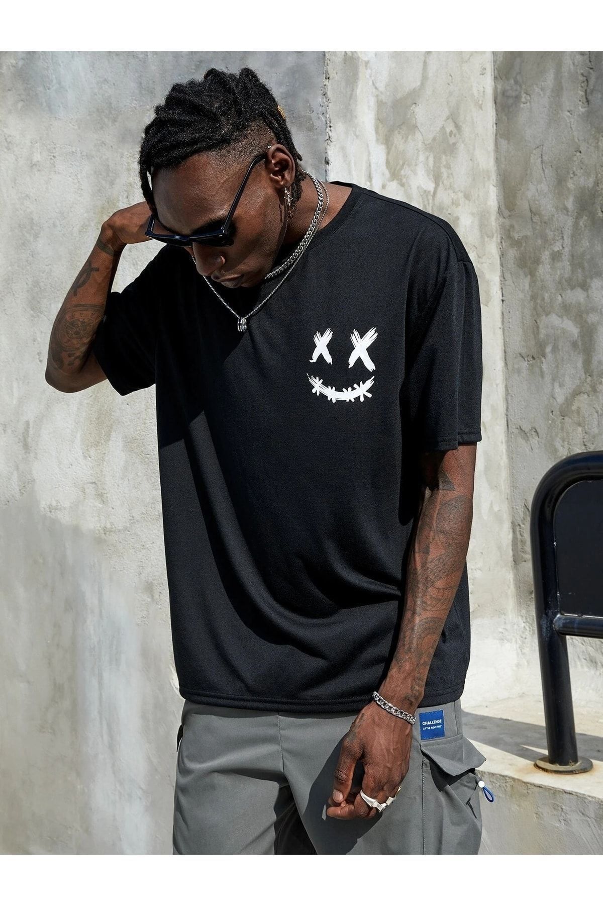 VBSVİBES-Ανδρικό μπλουζάκι μαύρο Oversize X Smile Printed 3