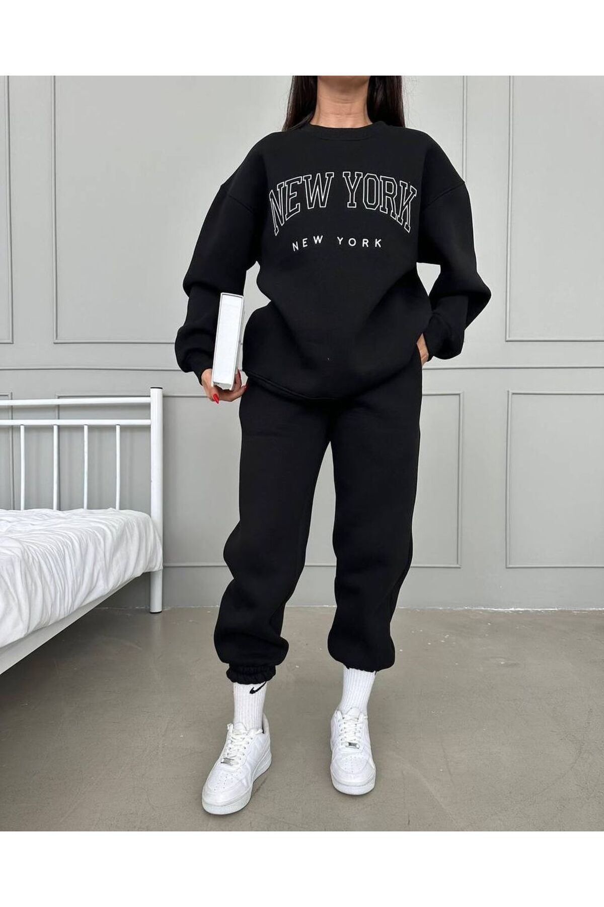 CLAYES Set Trening New York New York Hanorac Jogger - Negru Imprimat Oversize Crew Deck Unisex - M