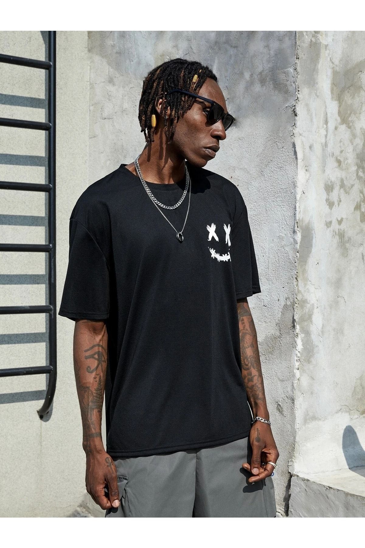 VBSVİBES-Ανδρικό μπλουζάκι μαύρο Oversize X Smile Printed 4