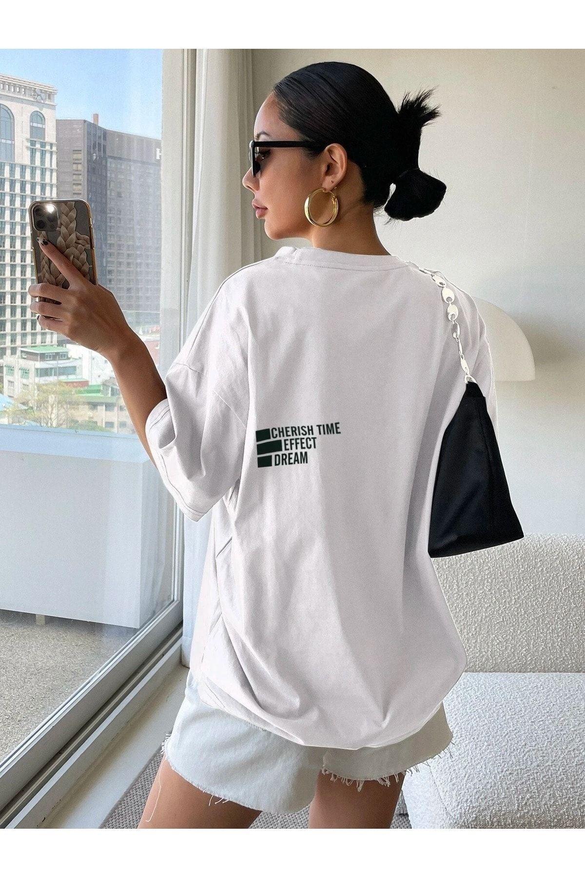VBSVİBES-Unisex bílé oversize pletené tričko Cheeris Time Printed 4