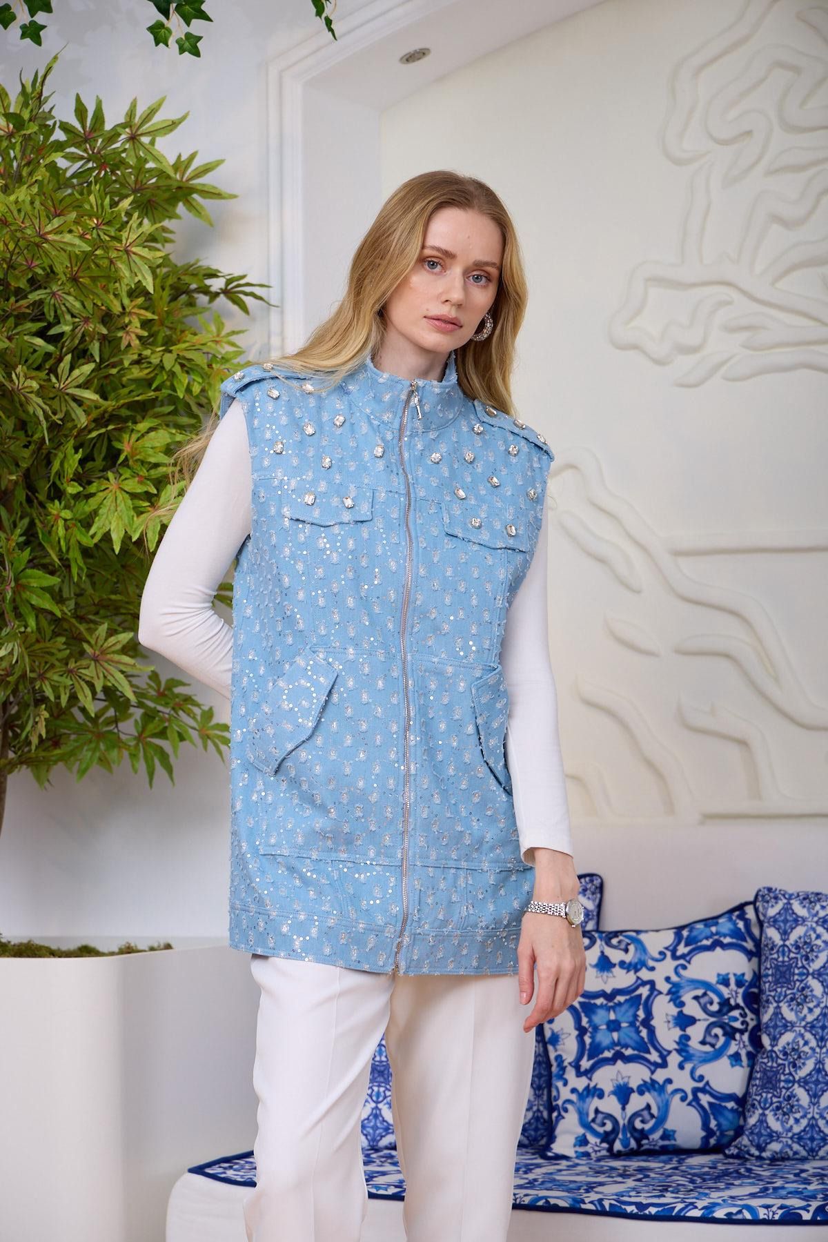 Moodbasic-Marwa by Moodbasic Stoned Sparkling Denim Vest 3