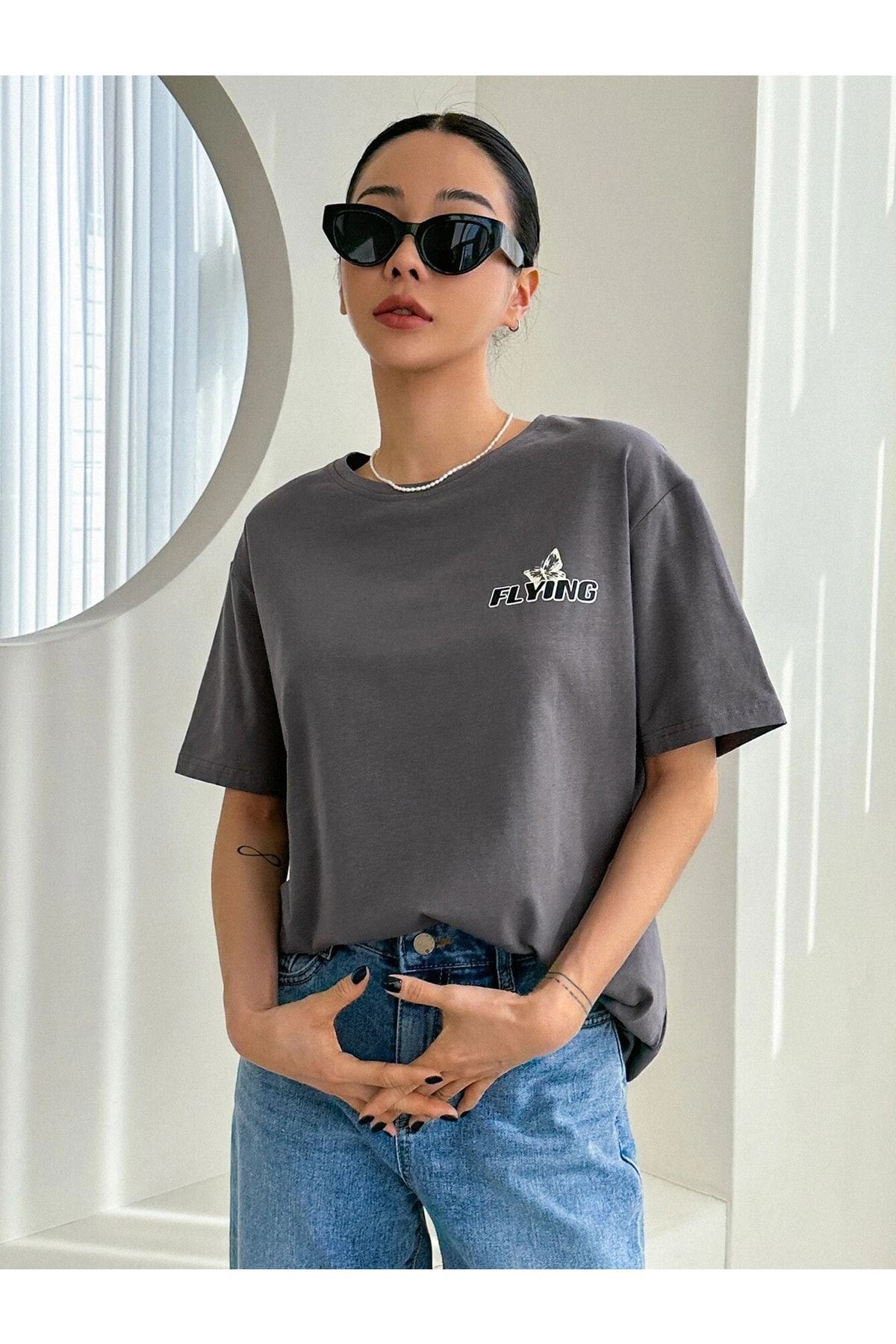 DUBU BUTİK-Smoked Oversize Butterflies T-shirt - Oversize Printed 5