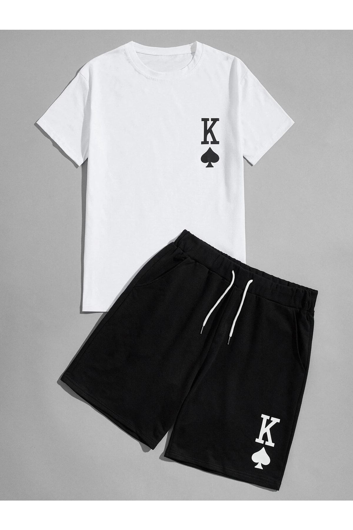 DUBU BUTİK-K Pattern T-shirt Shorts - White Black Bottom Top Combination Shorts T-shirt Set Printed Oversize Crew Neck 1