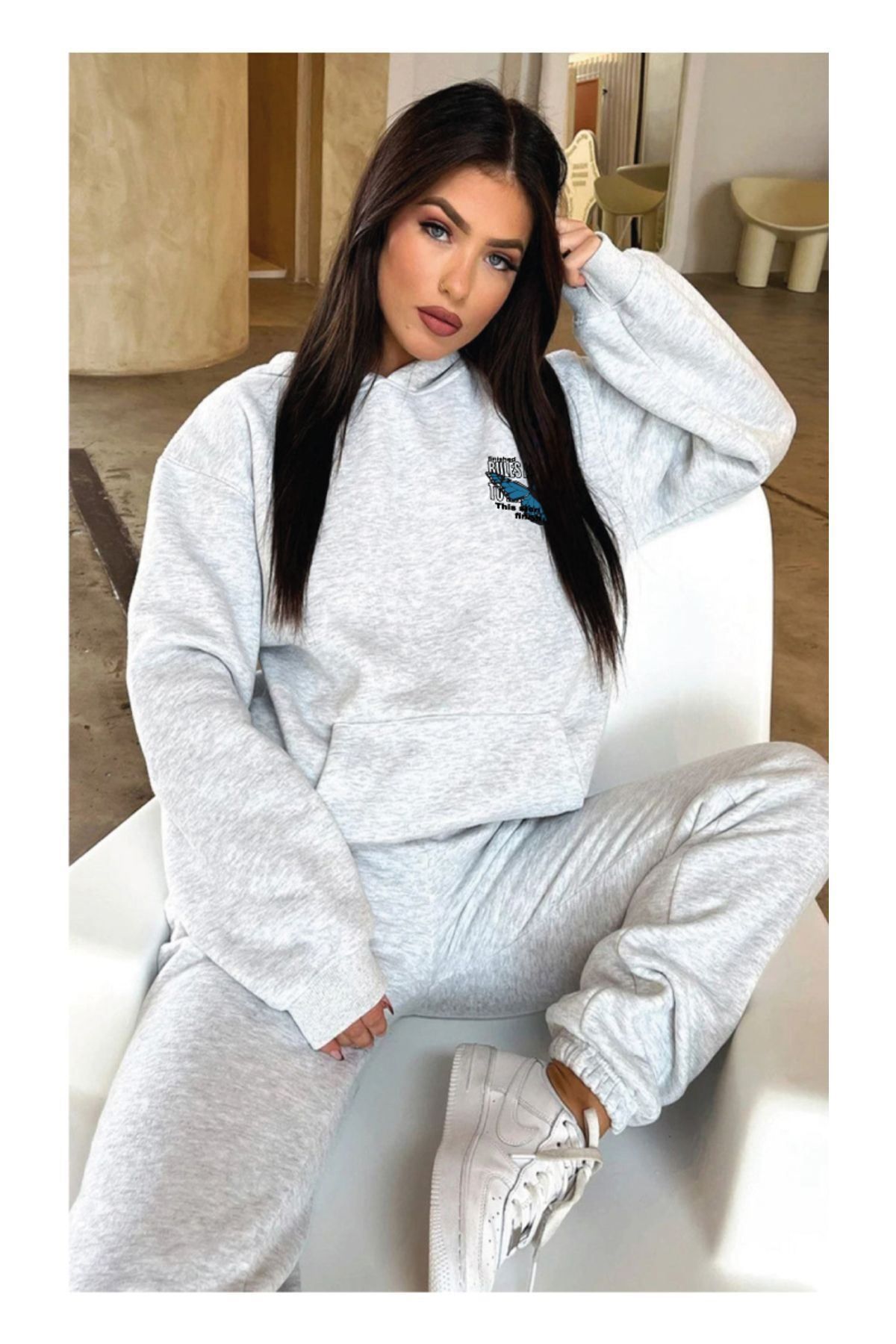 DUBU BUTİK Set De Trening Butterfly Winter - Gri Imprimat Glugă Oversize Unisex - S