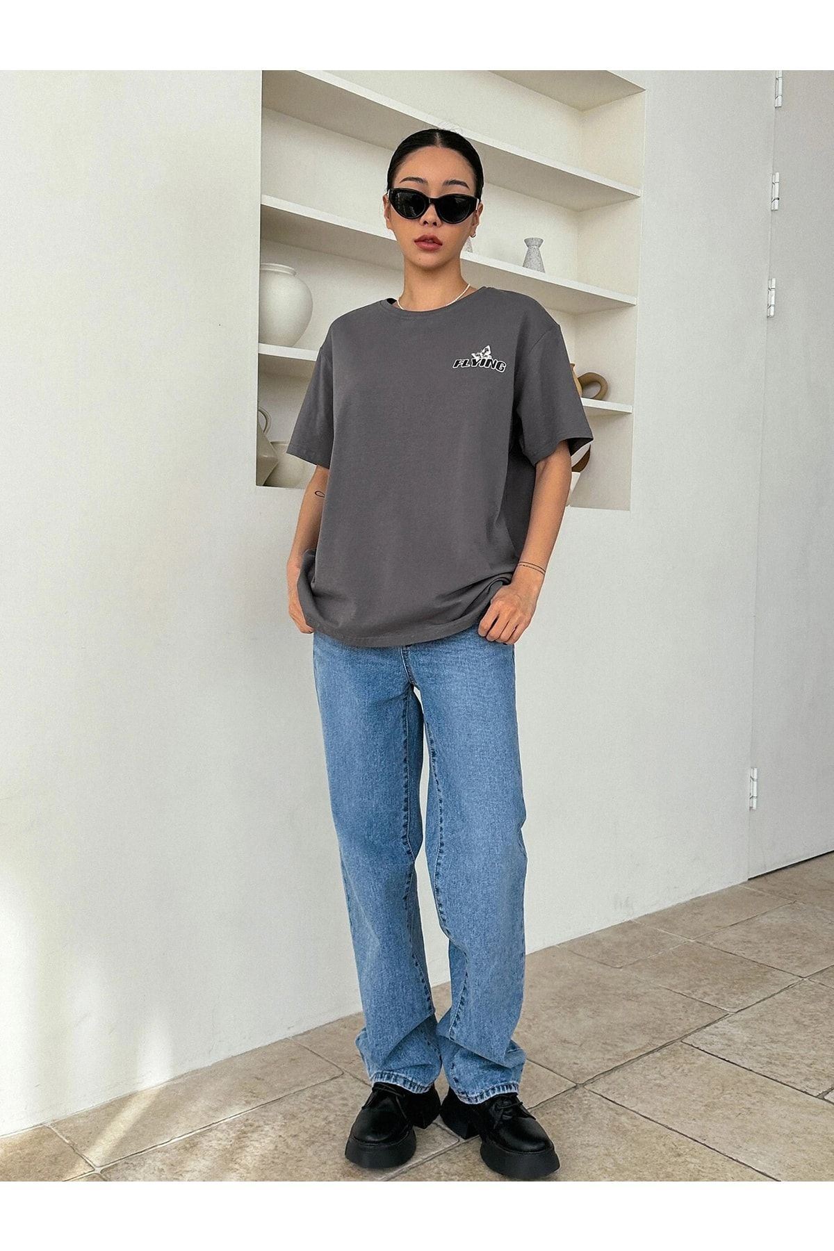 DUBU BUTİK-Smoked Oversize Butterflies T-shirt - Oversize Printed 6