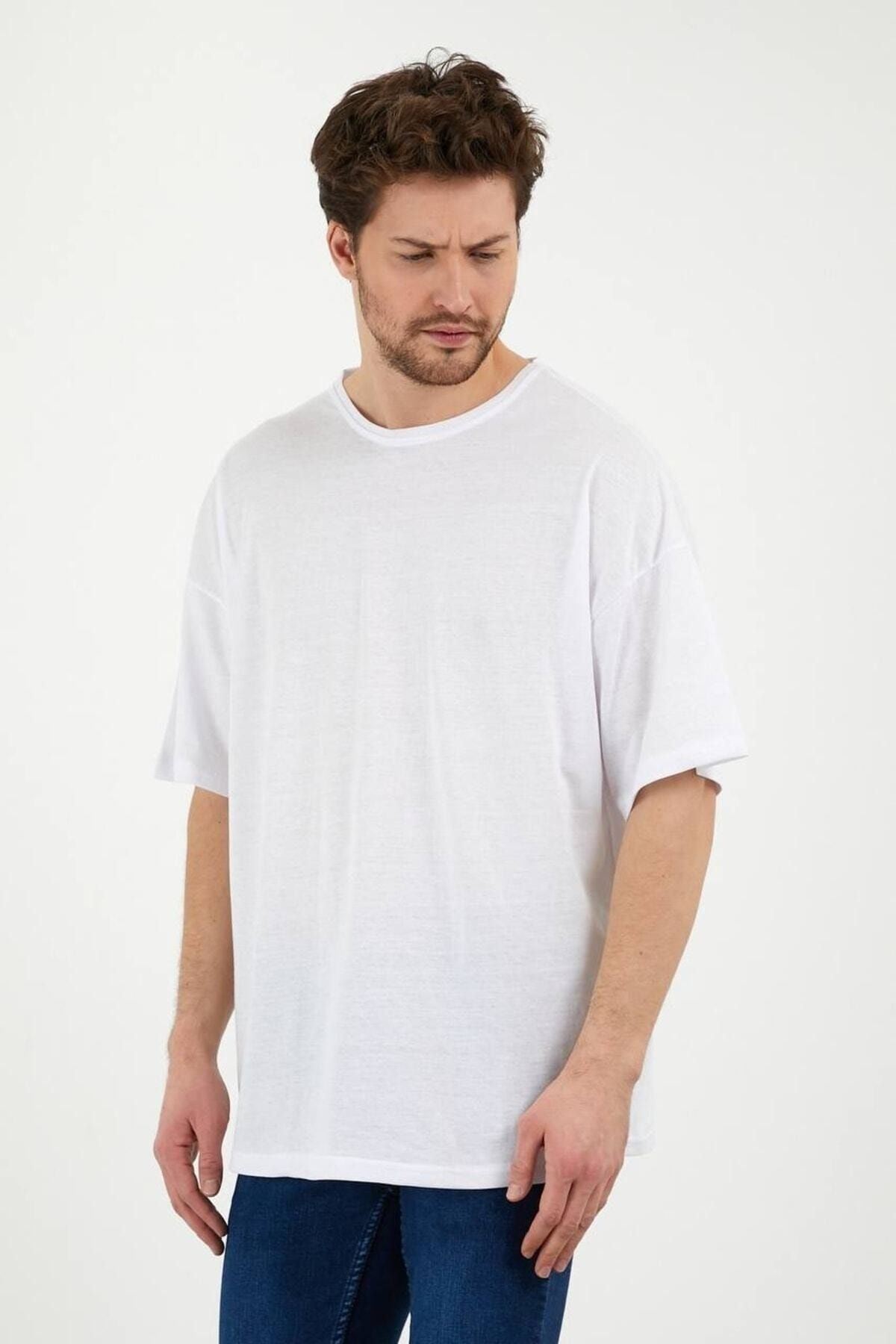 DUBU BUTİK Basic Düz 3'lü Çoklu Kombin T-shirt - Siyah, Beyaz Ve Gri Oversize Bisiklet Yaka görsel 3
