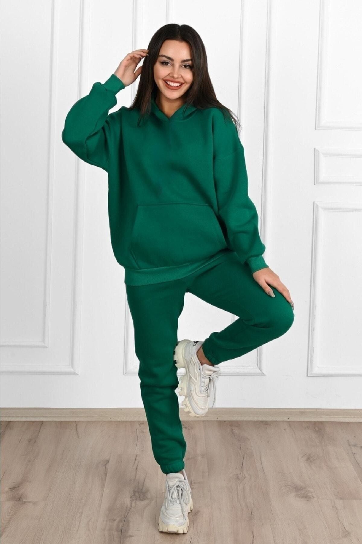 DUBU BUTİK-Світшот Duz Basic Suit Толстовка Jogger зеленого кольору з капюшоном оверсайз з капюшоном 5