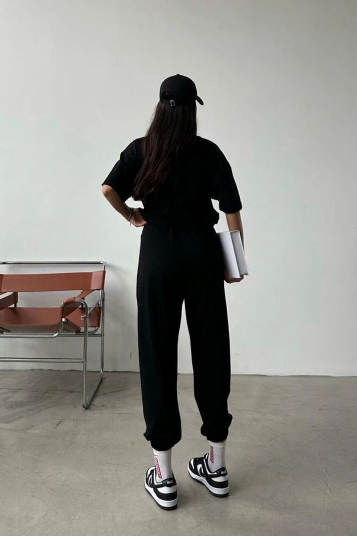 DUBU BUTİK-Boston T-shirt Sweatpants Jogger - Σετ φόρμας με μαύρη στάμπα στο κάτω μέρος Oversize Crew Neck 3