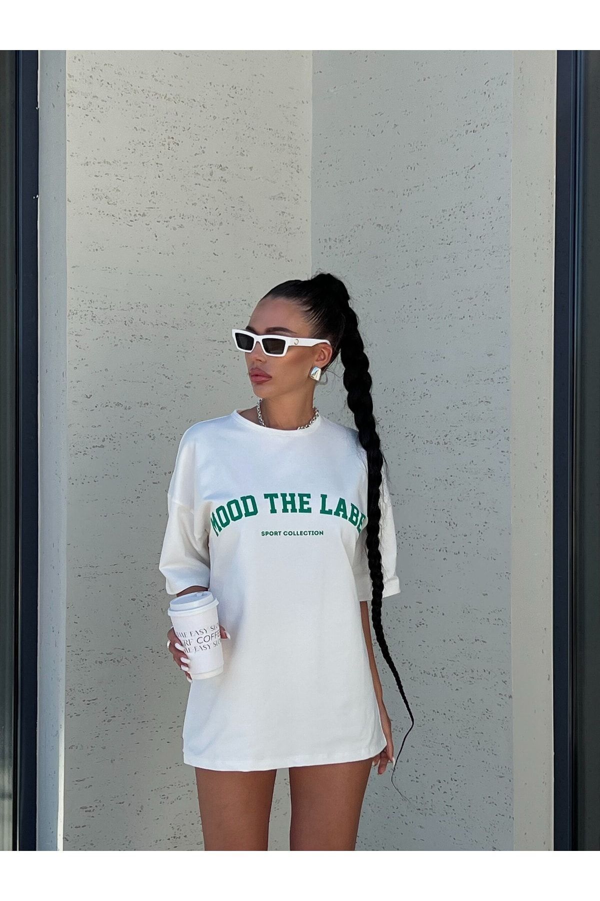 DUBU BUTİK-Λευκό Oversize Mood The Label T-shirt - Oversize Printed 1