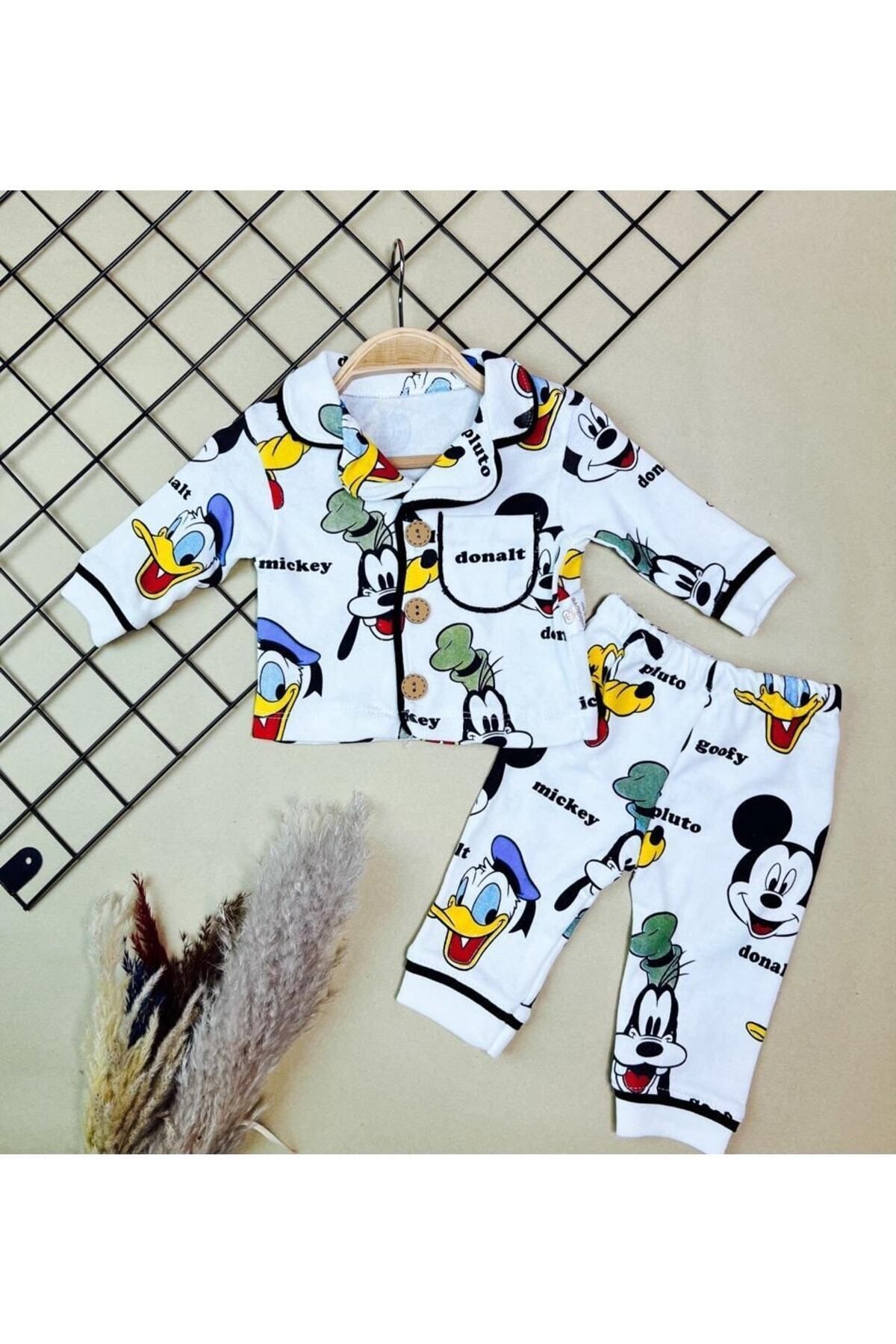 Sparrow Laurel-Unisex Baby Pluto & Mickey Printed Top and Bottom Nightgown Set, Front Buttoned Pajama Set (6-24 Months) 2