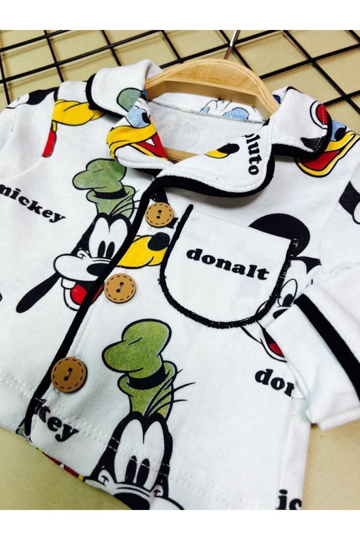 Sparrow Laurel-Unisex Baby Pluto & Mickey Printed Top and Bottom Nightgown Set, Front Buttoned Pajama Set (6-24 Months) 7