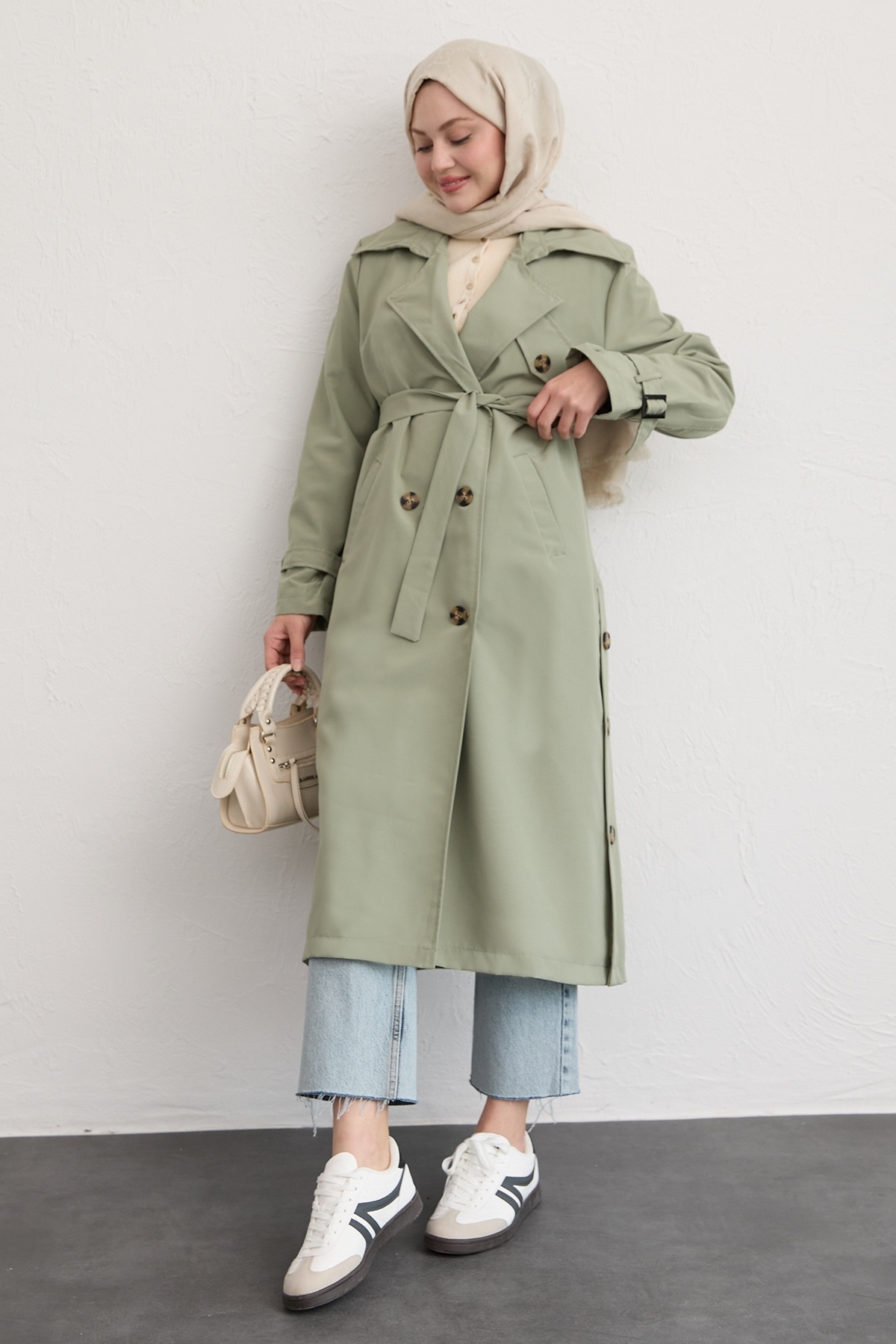 InStyle Çapraz Cep Detaylı Mint Yeşili Trençkot