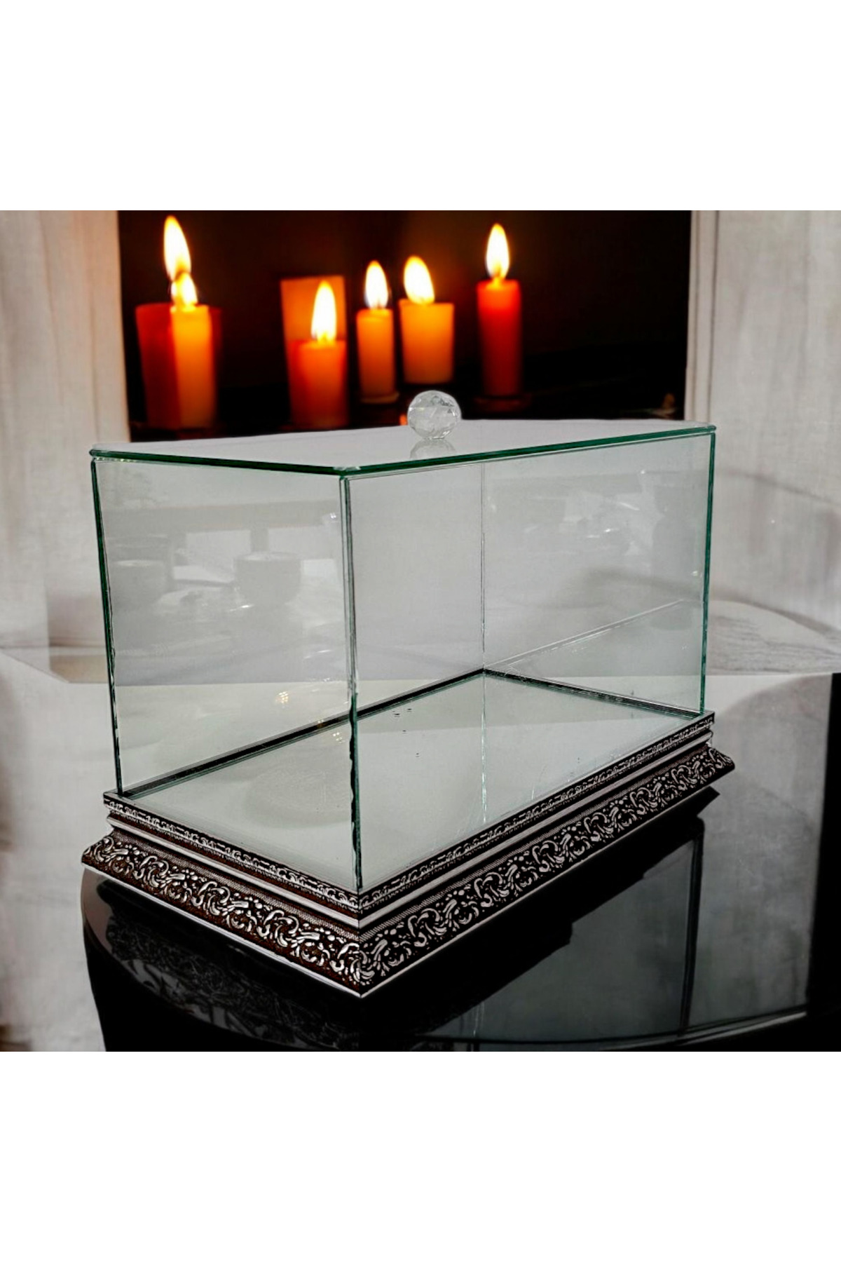 Gümüş Cam Söz Nişan Çeyiz Bohça Kutusu 35*20*20 Cm Gelin Damat Bohçası Ahşap Aynalı Taban
