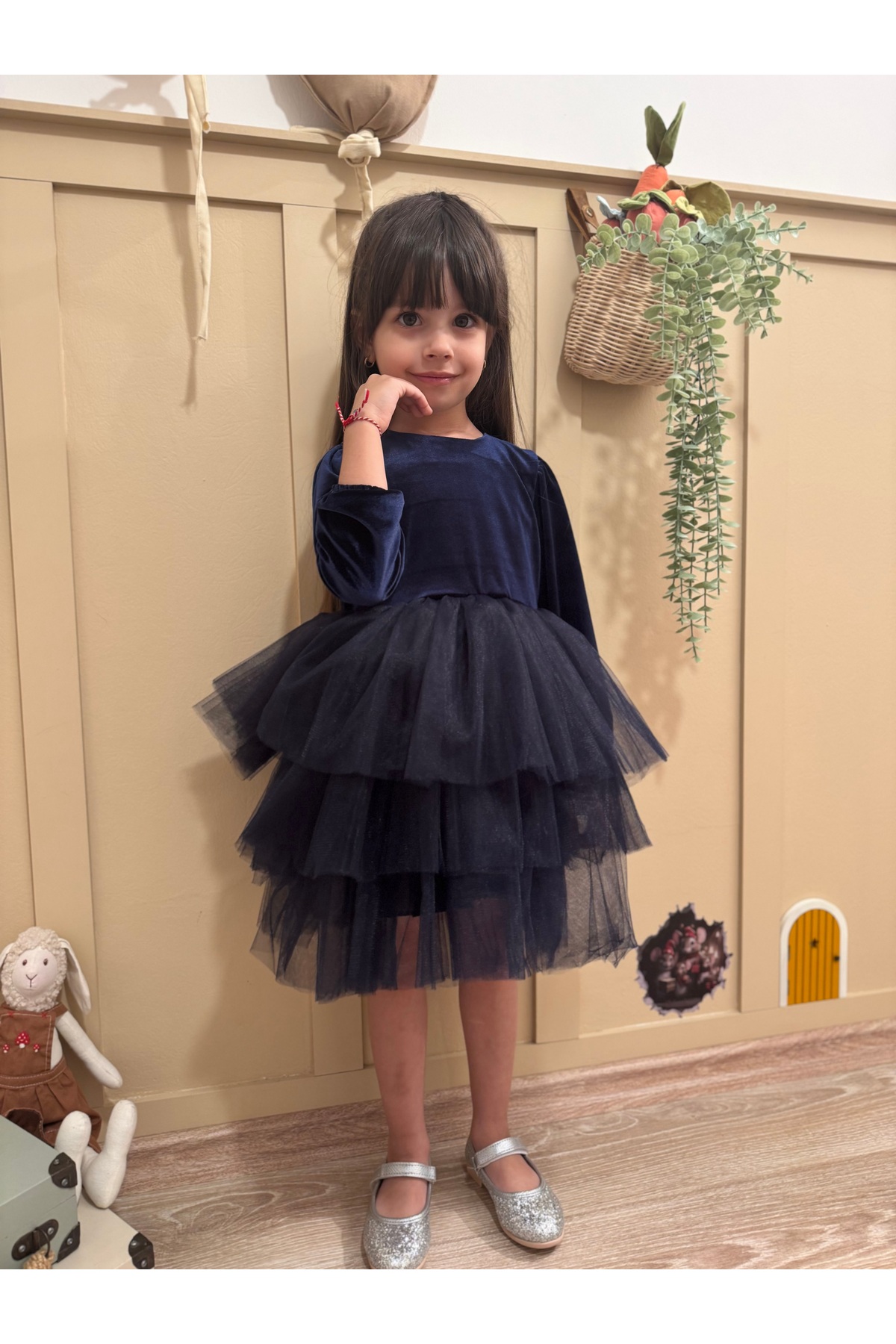 penu baby kids Lacivert Uzun Kol Kat Etekli Kadife Kız Çocuk Bebek Elbise - Gloria fotoğrafı 3 (önizleme)