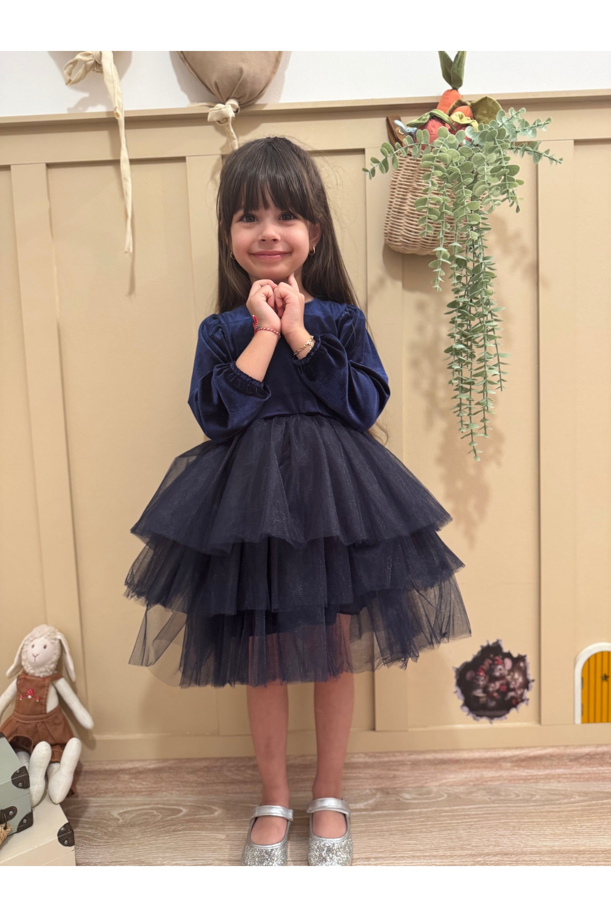 penu baby kids Lacivert Uzun Kol Kat Etekli Kadife Kız Çocuk Bebek Elbise - Gloria fotoğrafı 5 (önizleme)