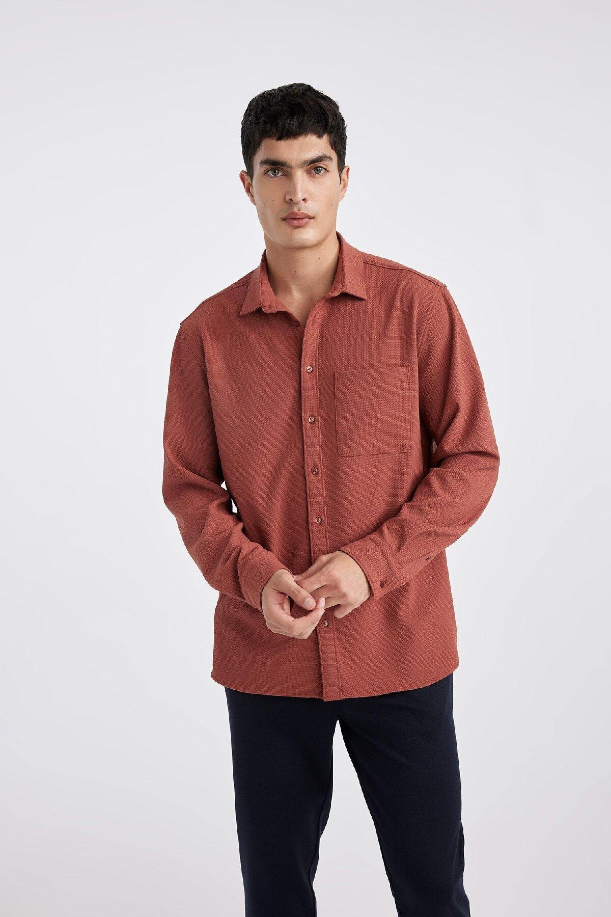 Regular Fit Polo Yaka Krinkıl Basic Düz Uzun Kollu Gömlek B6484ax24sp - 6