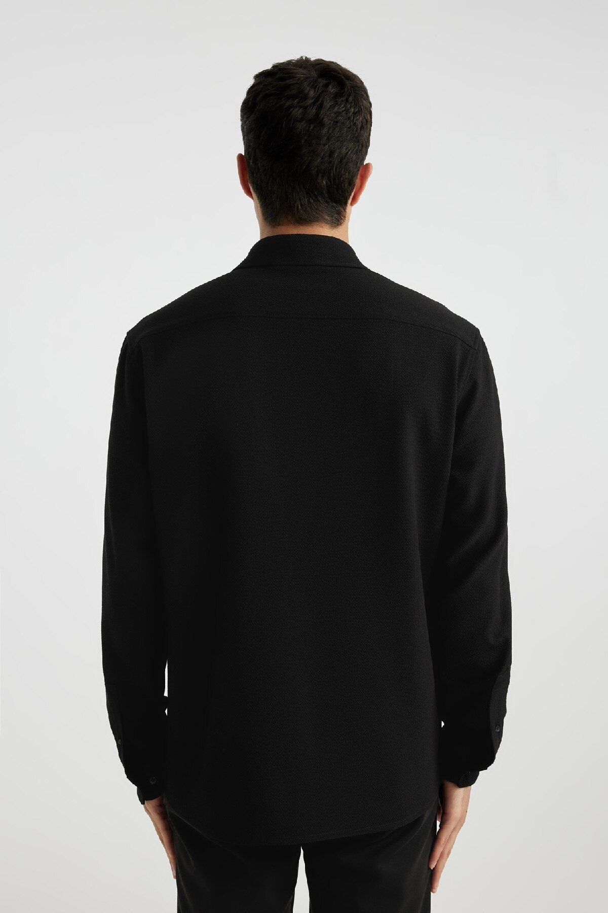 DeFacto-Regular Fit Polo Kragen Crinkle Basic Plain Langarm Schwarz Hemd B6484ax24sp 5