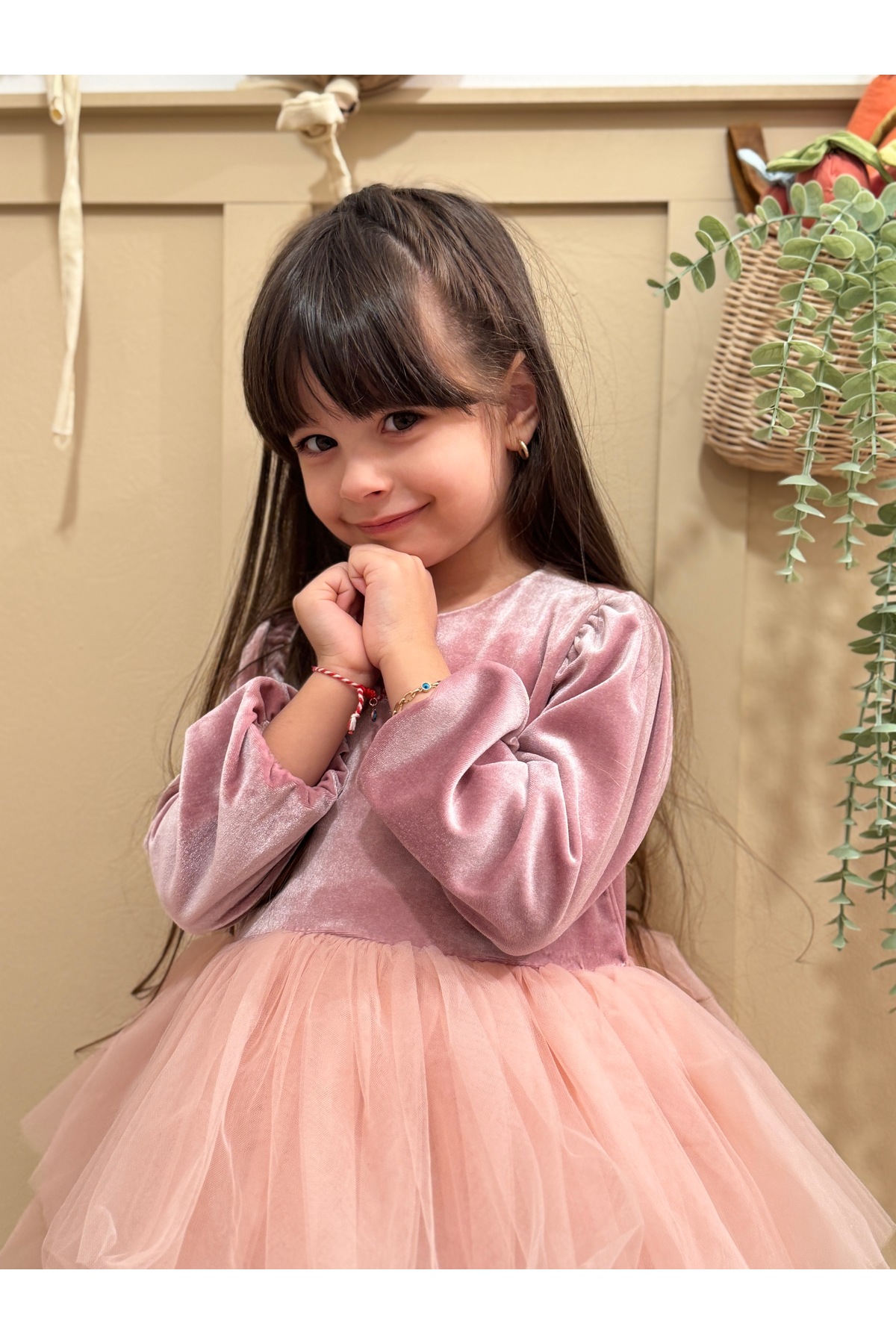 penu baby kids Pudra Kat Etekli Kadife Uzun Kol Kız Çocuk Kız Bebek Elbise fotoğrafı 3 (önizleme)