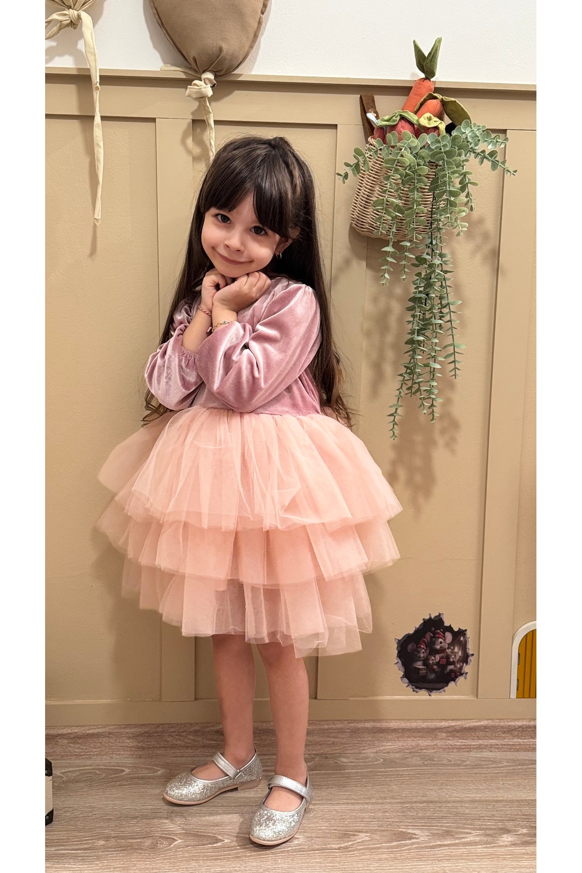 penu baby kids Pudra Kat Etekli Kadife Uzun Kol Kız Çocuk Kız Bebek Elbise fotoğrafı 5 (önizleme)