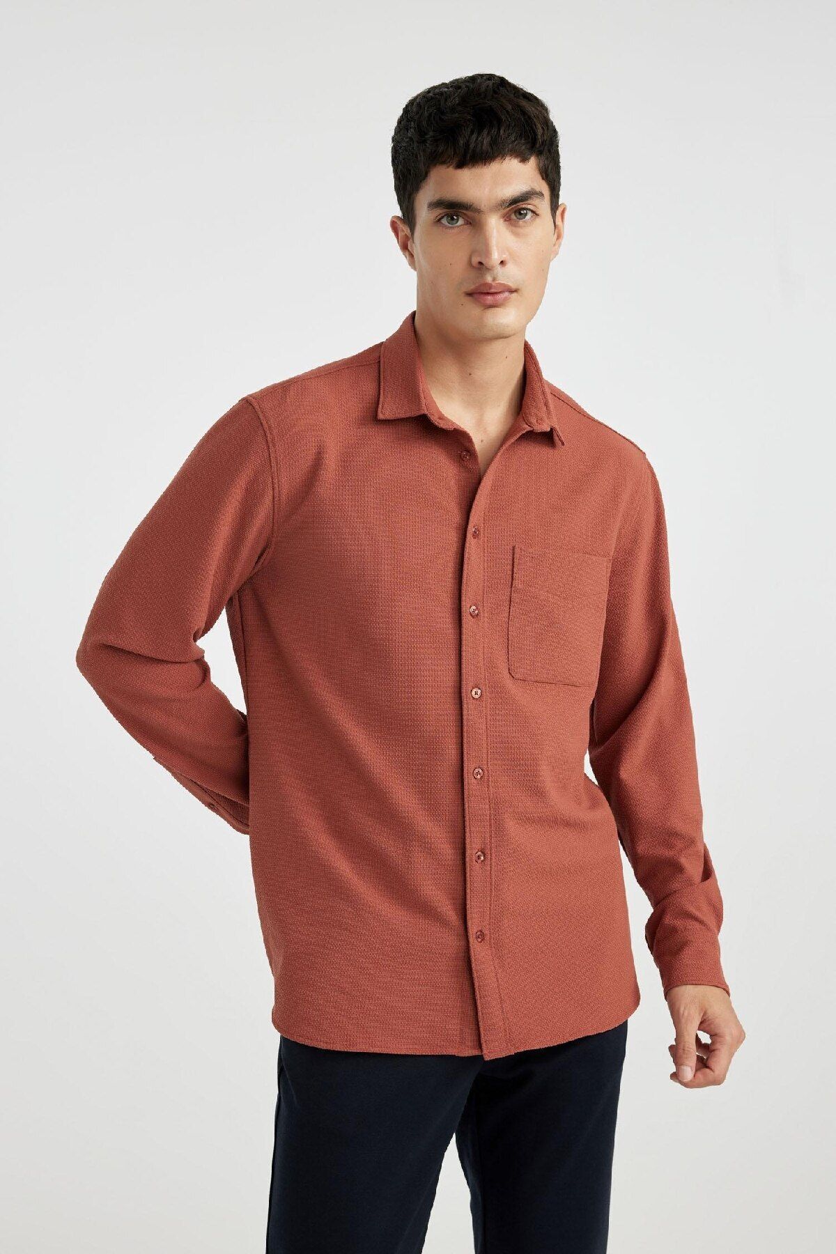 Regular Fit Polo Yaka Krinkıl Basic Düz Uzun Kollu Gömlek B6484ax24sp - 4