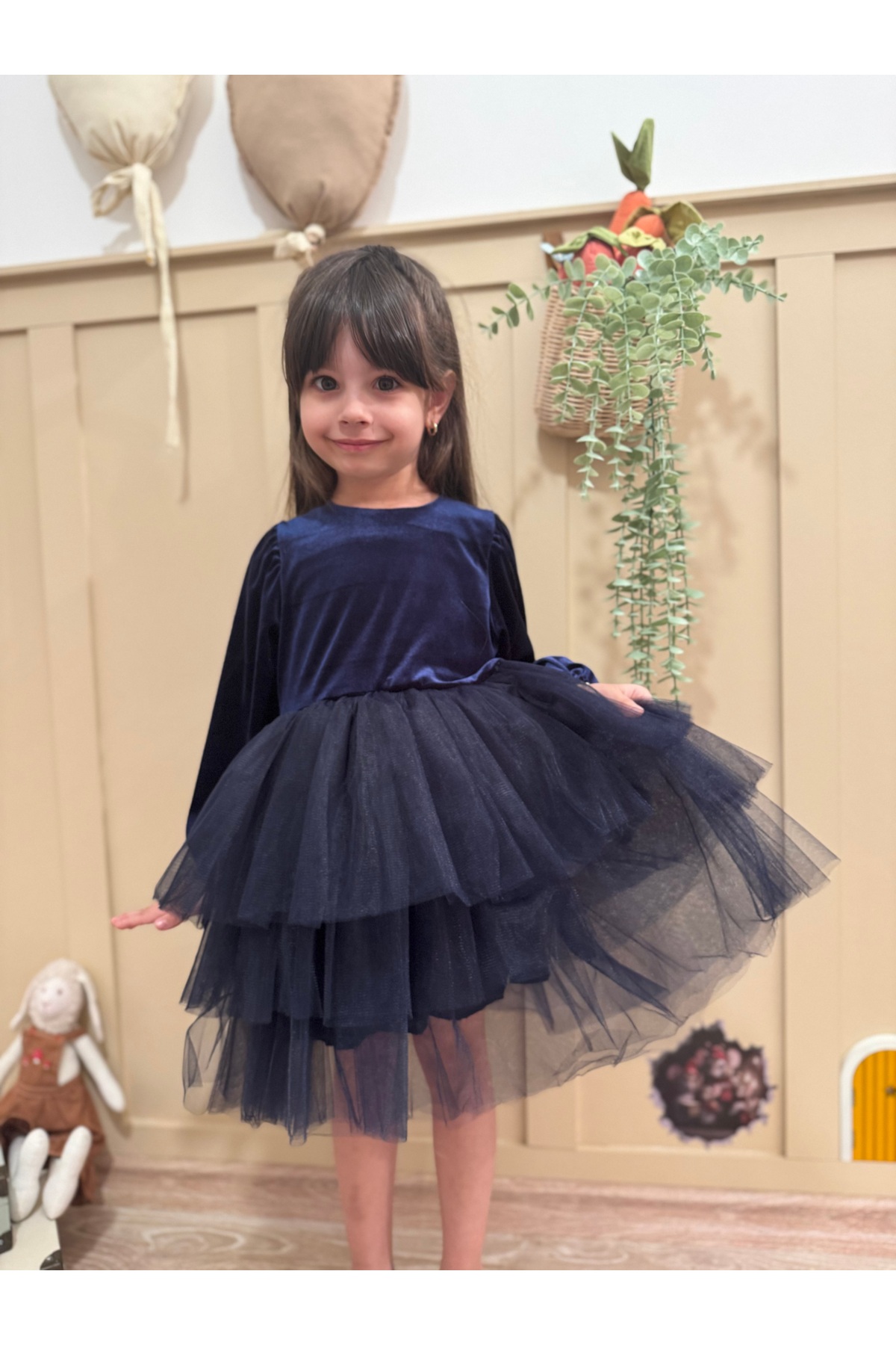 penu baby kids Lacivert Uzun Kol Kat Etekli Kadife Kız Çocuk Bebek Elbise - Gloria fotoğrafı 6 (önizleme)